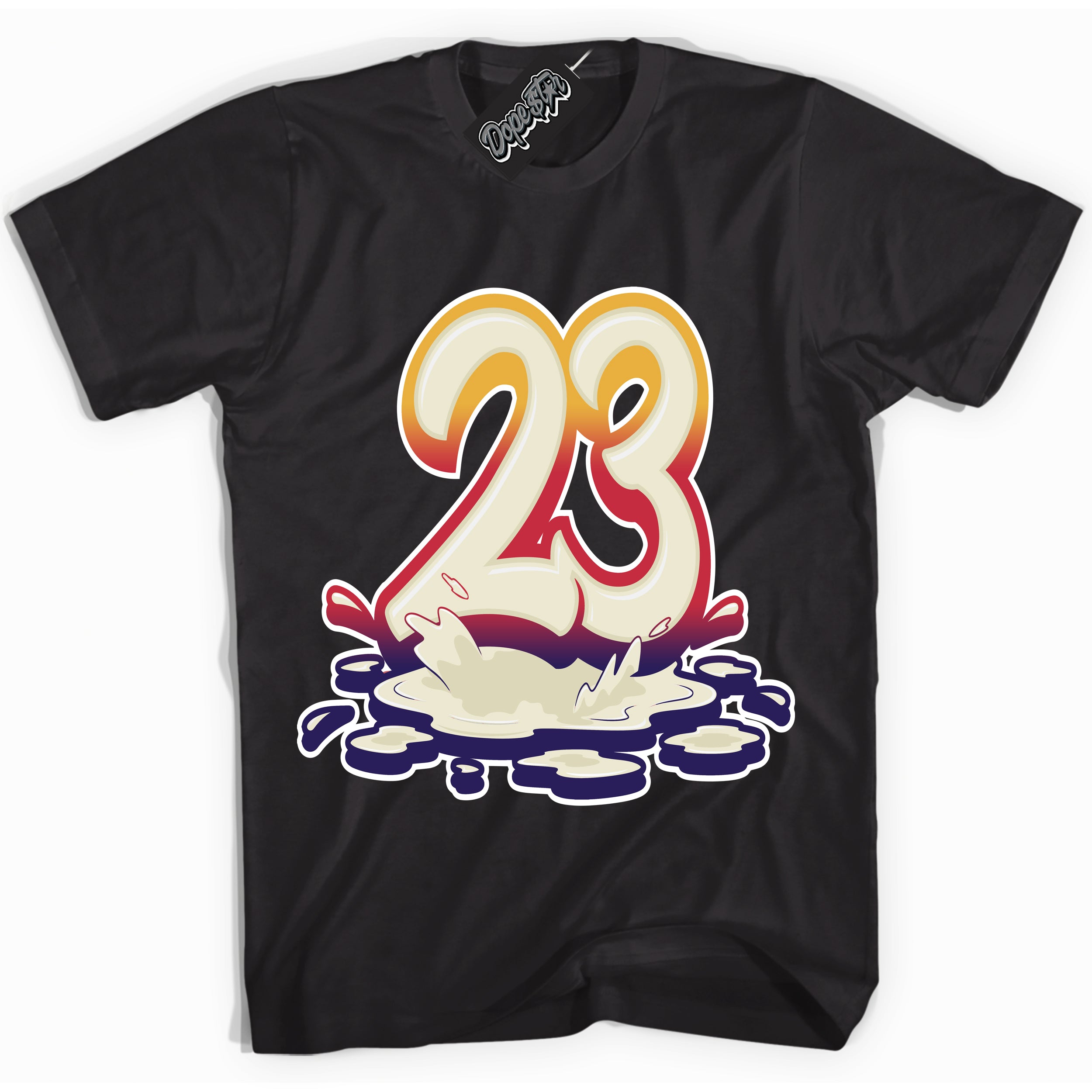 Cool Black Shirt with “ 23 Melting” design that perfectly matches J Balvin Sunset 3s Jordans.