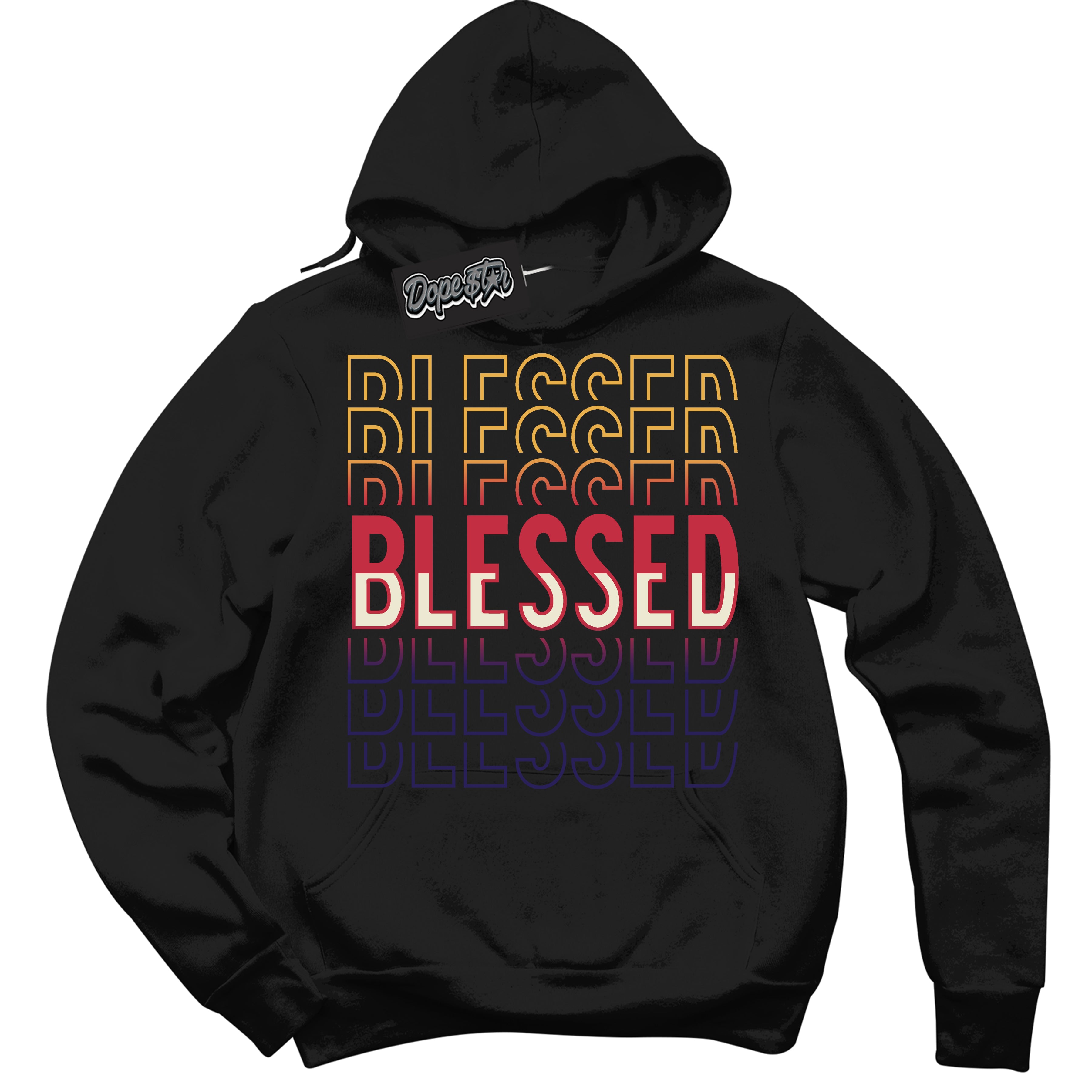 Cool Black Hoodie with “ Blessed Stacked ” design that Perfectly Matches J Balvin Sunset 3s Jordans.
