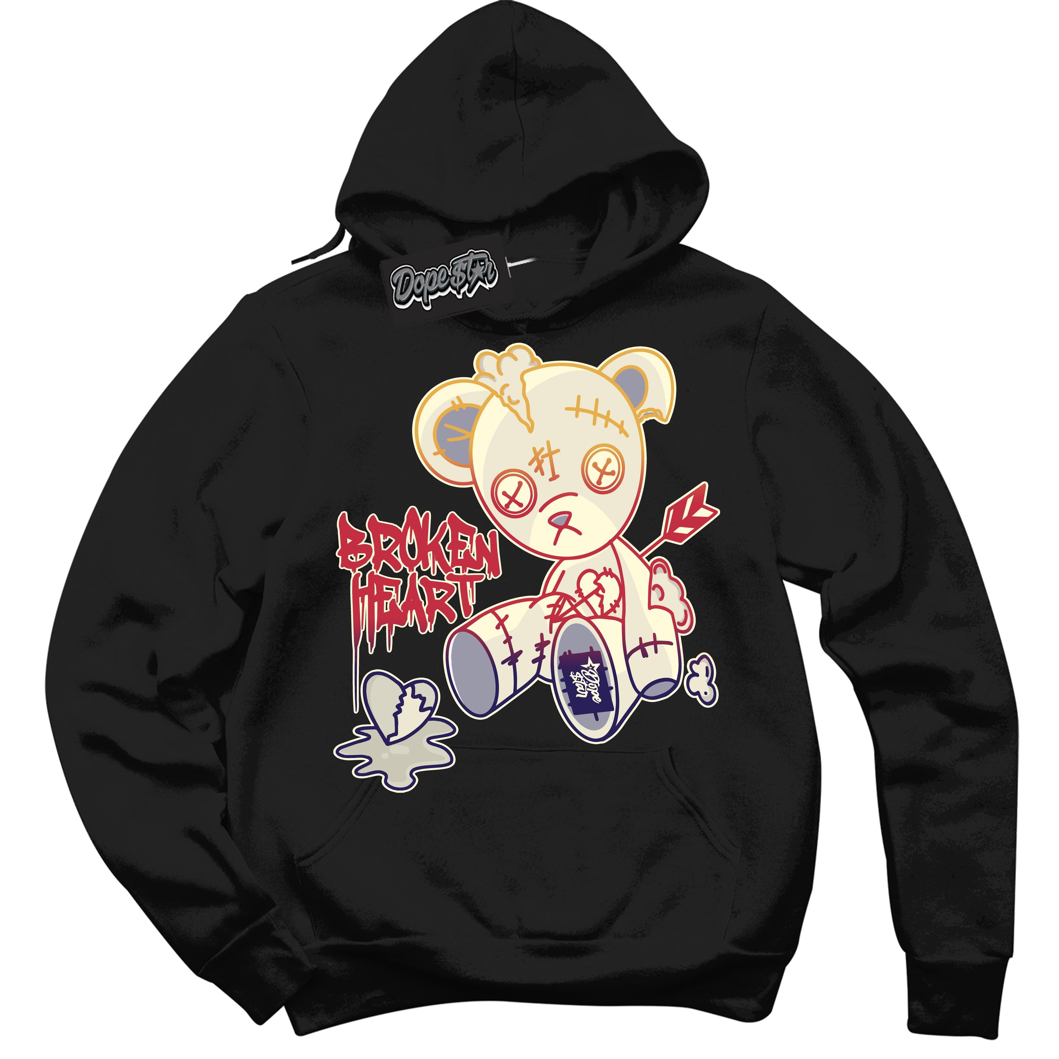 Cool Black Hoodie with “ Broken Heart Bear ” design that Perfectly Matches J Balvin Sunset 3s Jordans.