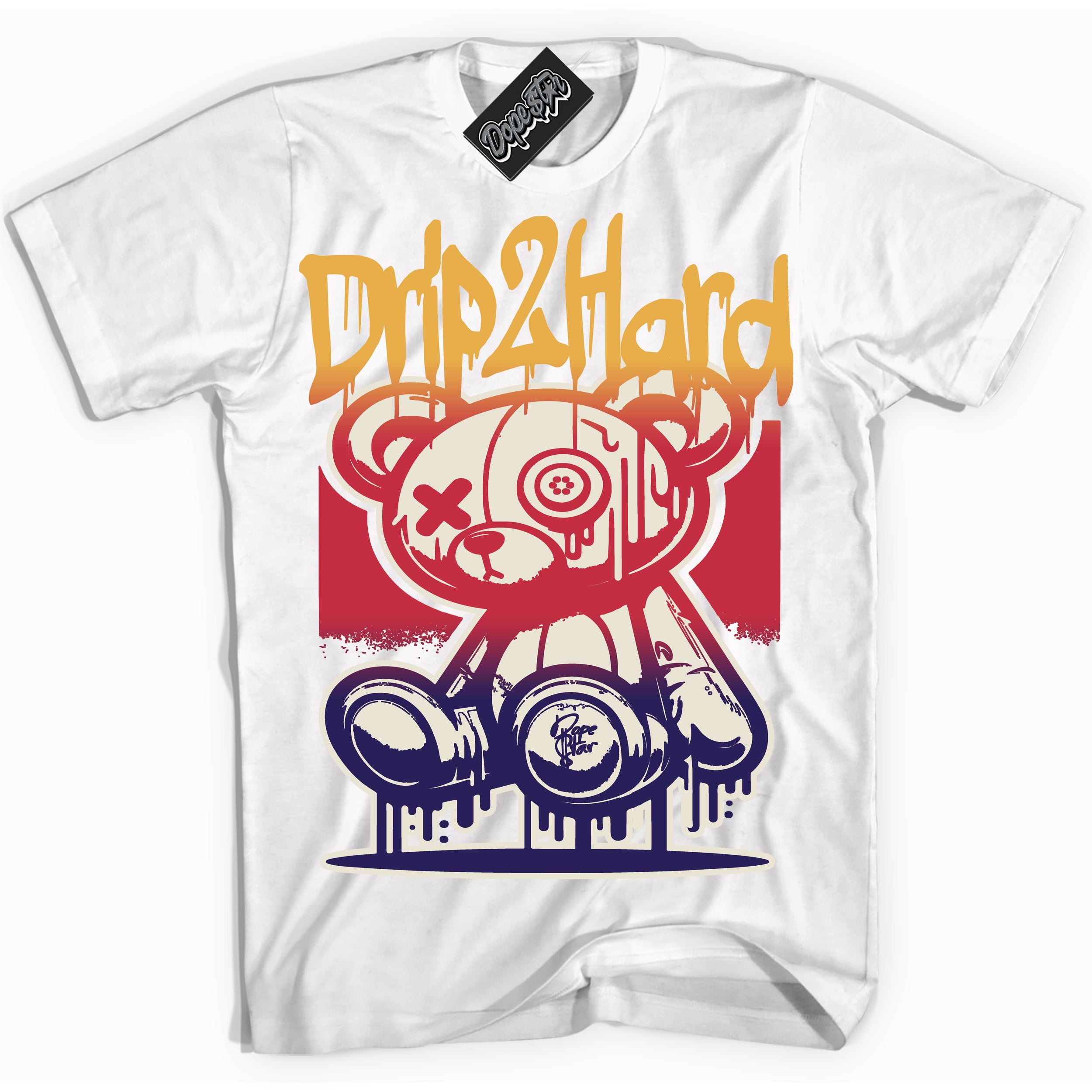 Cool White Shirt with “ Drip 2 Hard” design that perfectly matches J Balvin Sunset 3s Jordans.
