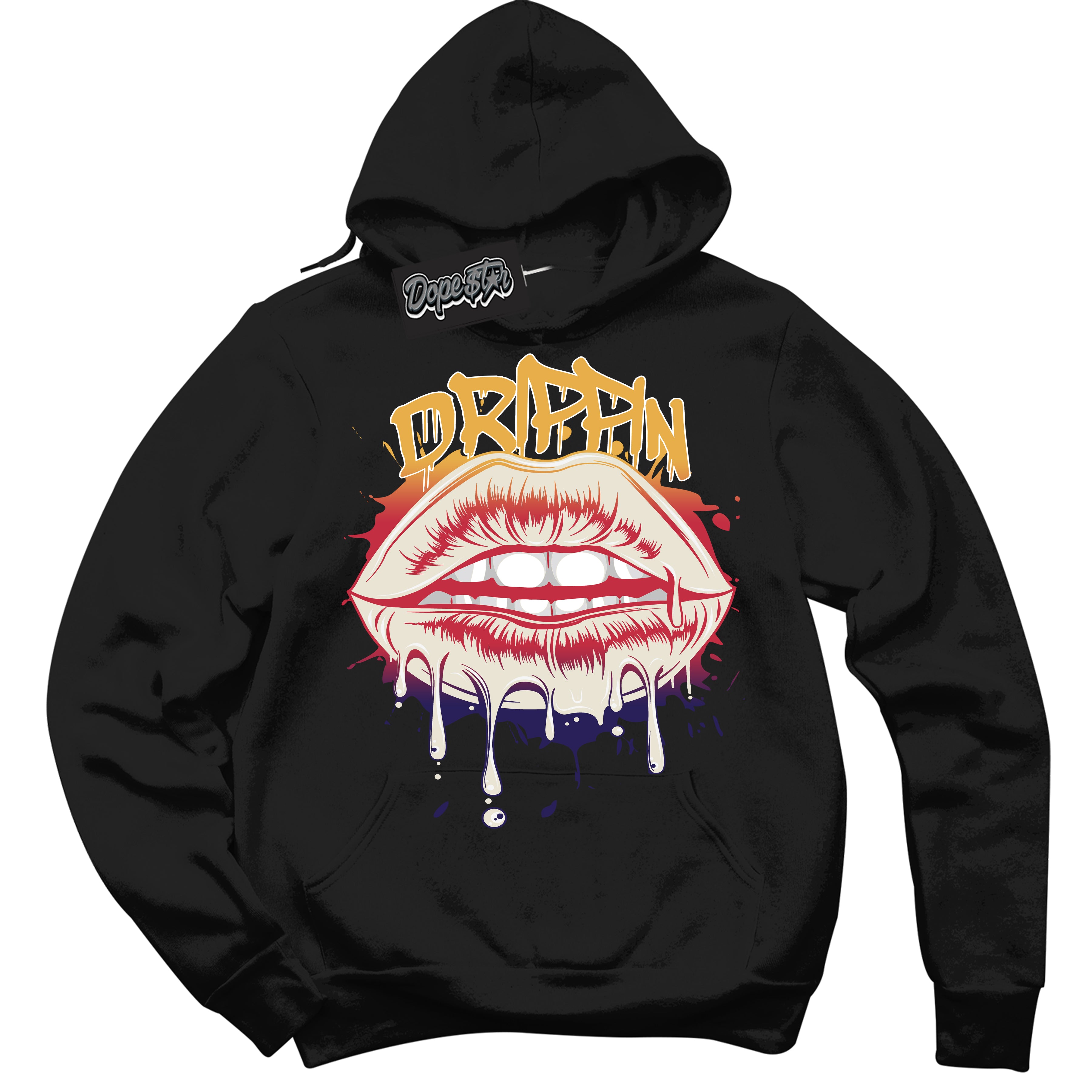 Cool Black Hoodie with “ Drippin ” design that Perfectly Matches J Balvin Sunset 3s Jordans.