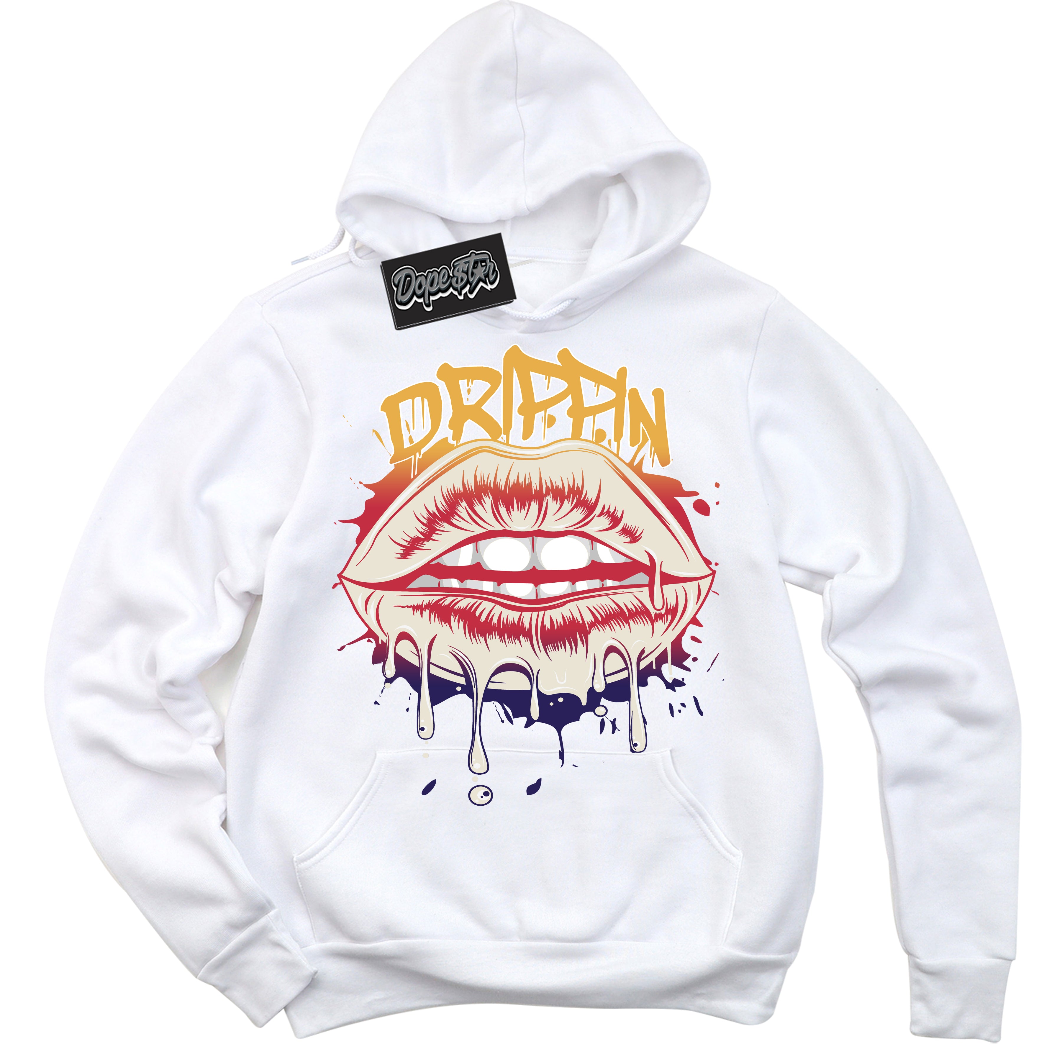 Cool White Hoodie with “ Drippin ” design that Perfectly Matches J Balvin Sunset 3s Jordans.