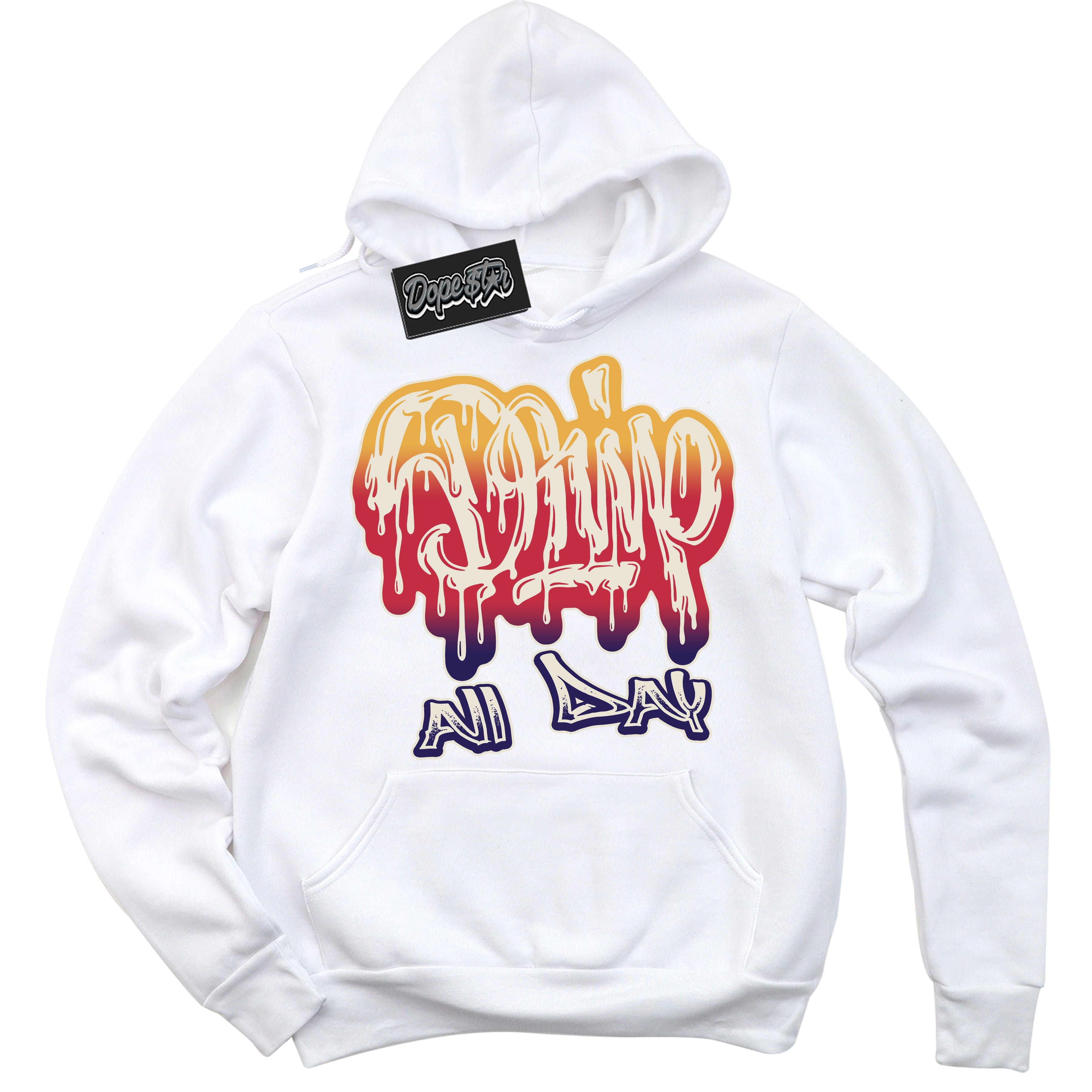 Cool White Hoodie with “ Drip All Day ” design that Perfectly Matches J Balvin Sunset 3s Jordans.