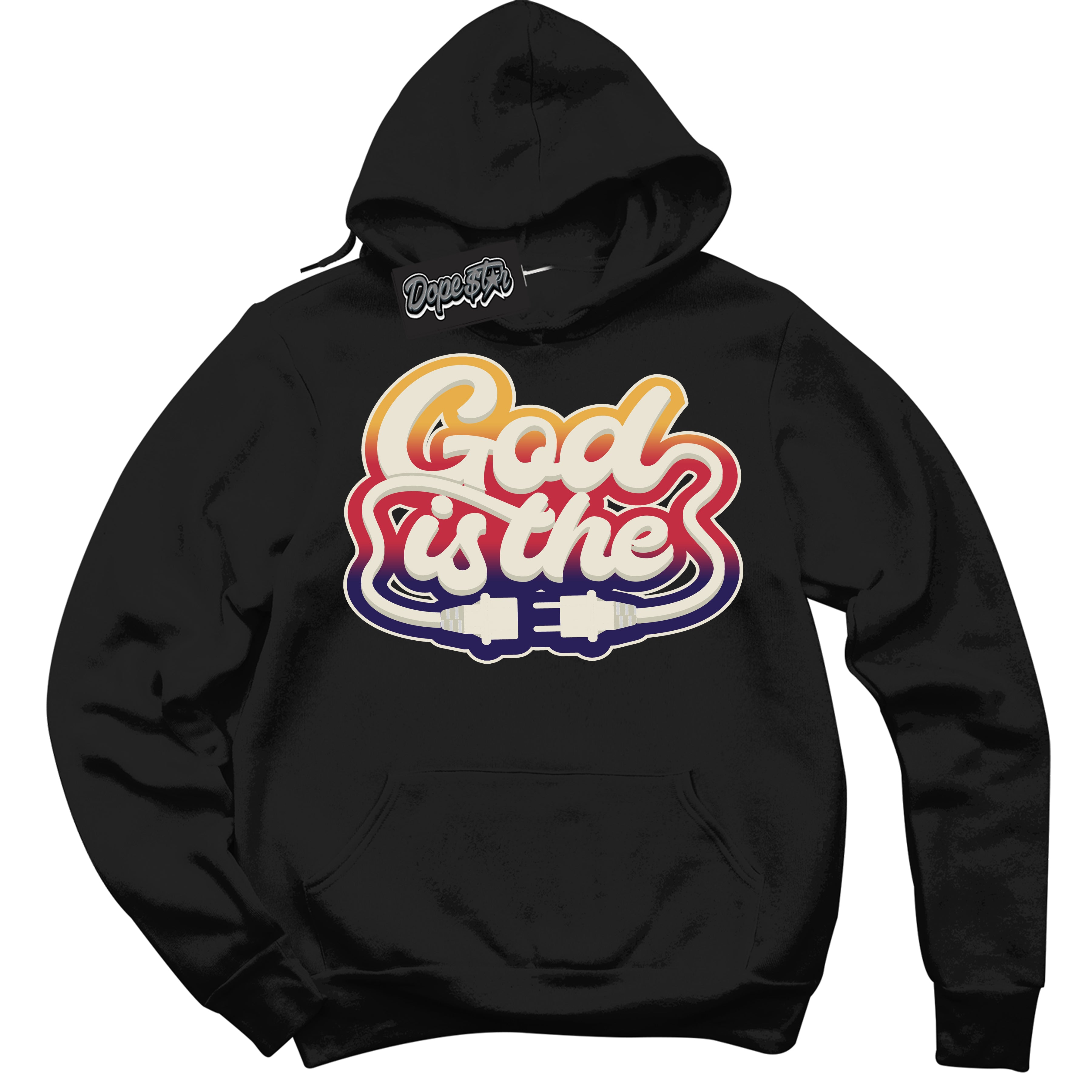 Cool Black Hoodie with “ God Is The ” design that Perfectly Matches J Balvin Sunset 3s Jordans.