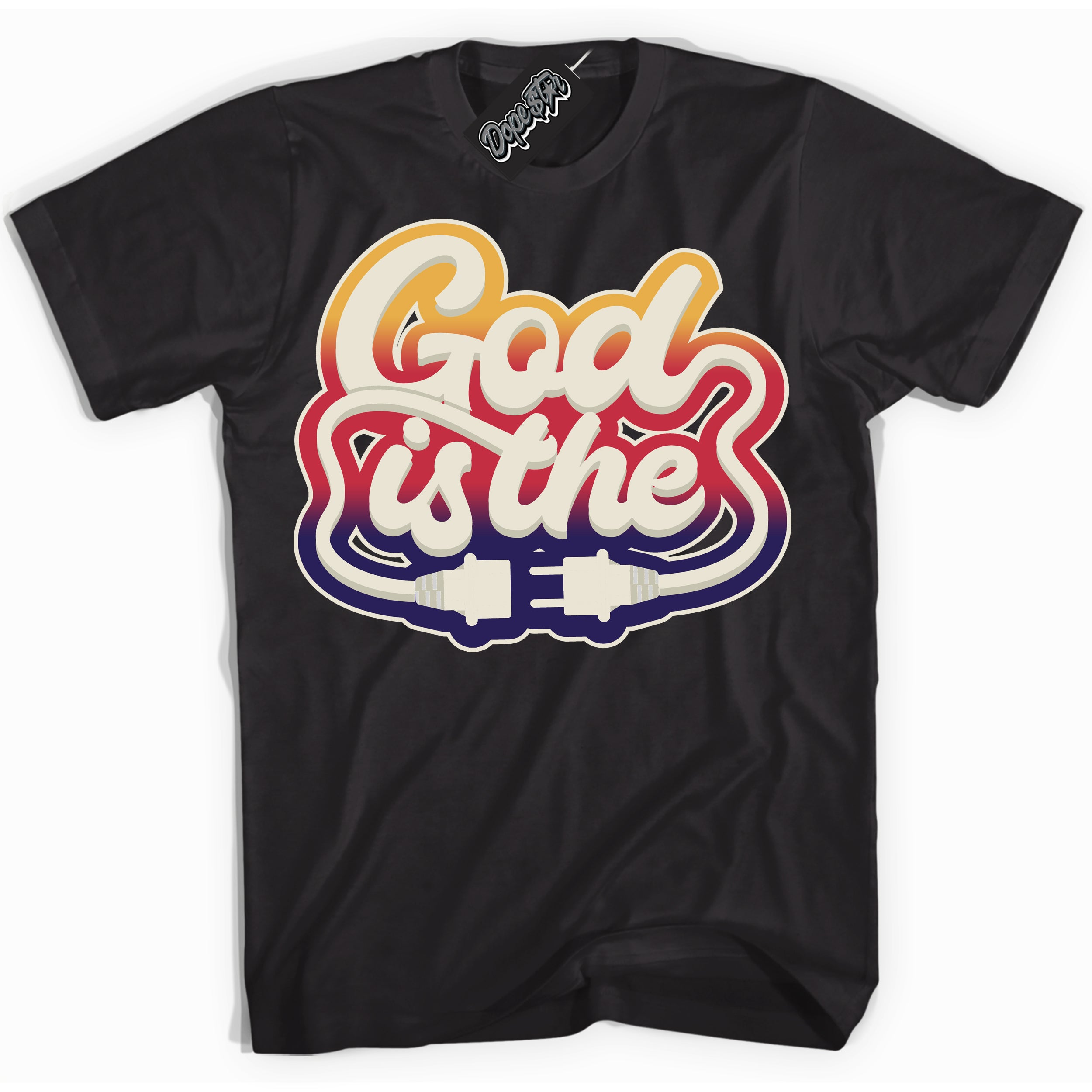Cool Black Shirt with “ God Is The” design that perfectly matches J Balvin Sunset 3s Jordans.