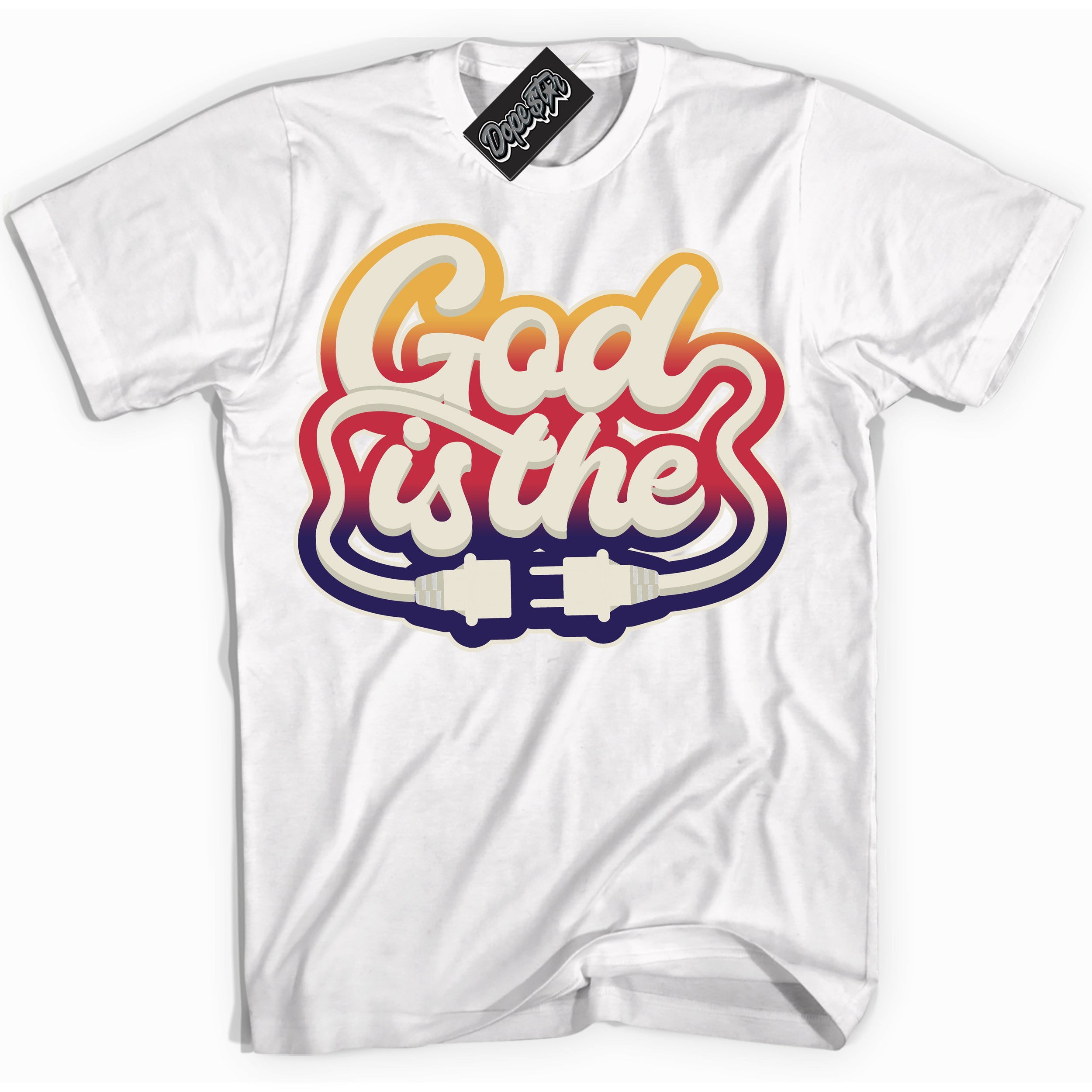 Cool White Shirt with “ God Is The” design that perfectly matches J Balvin Sunset 3s Jordans.