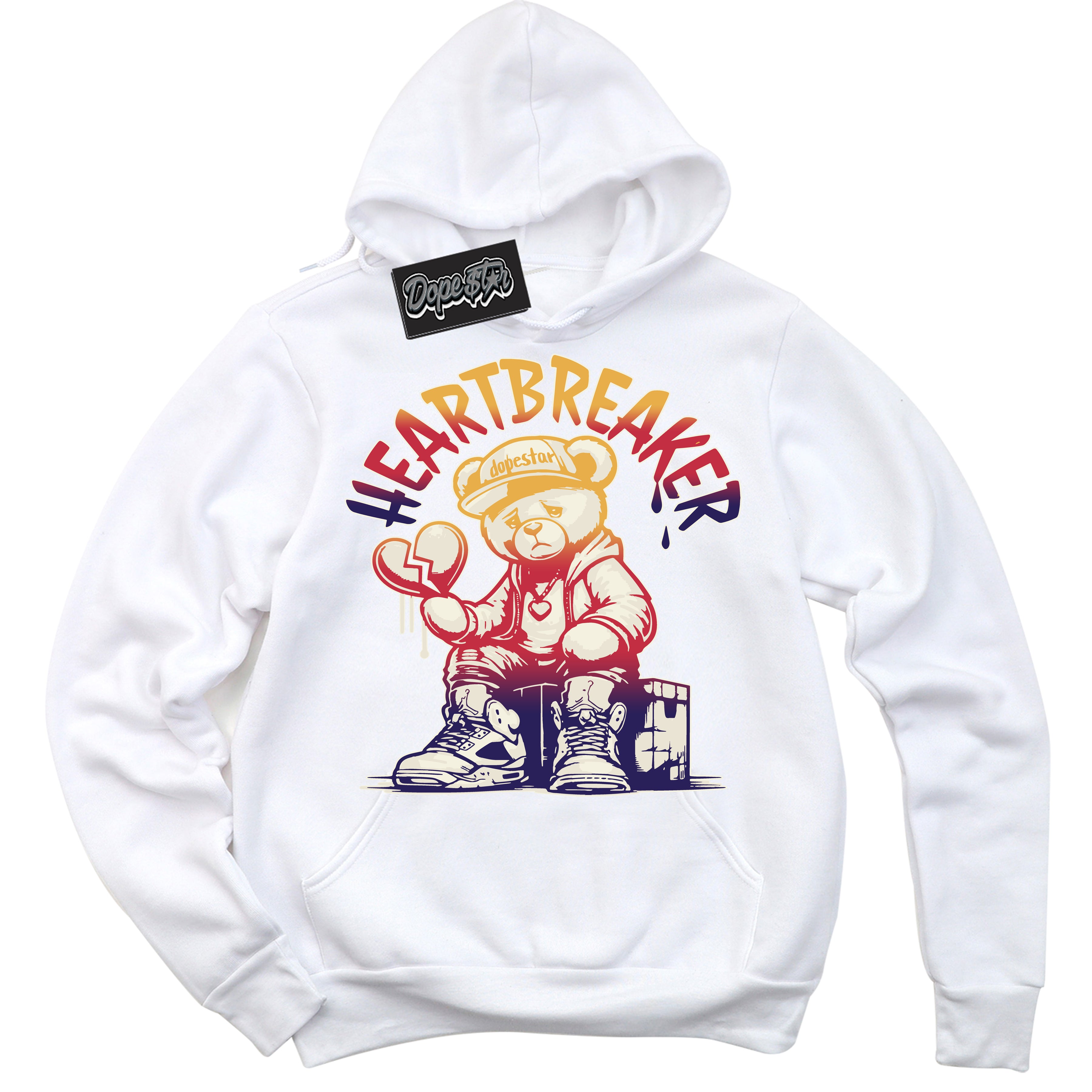 Cool White Hoodie with “ Heartbreaker Bear ” design that Perfectly Matches J Balvin Sunset 3s Jordans.