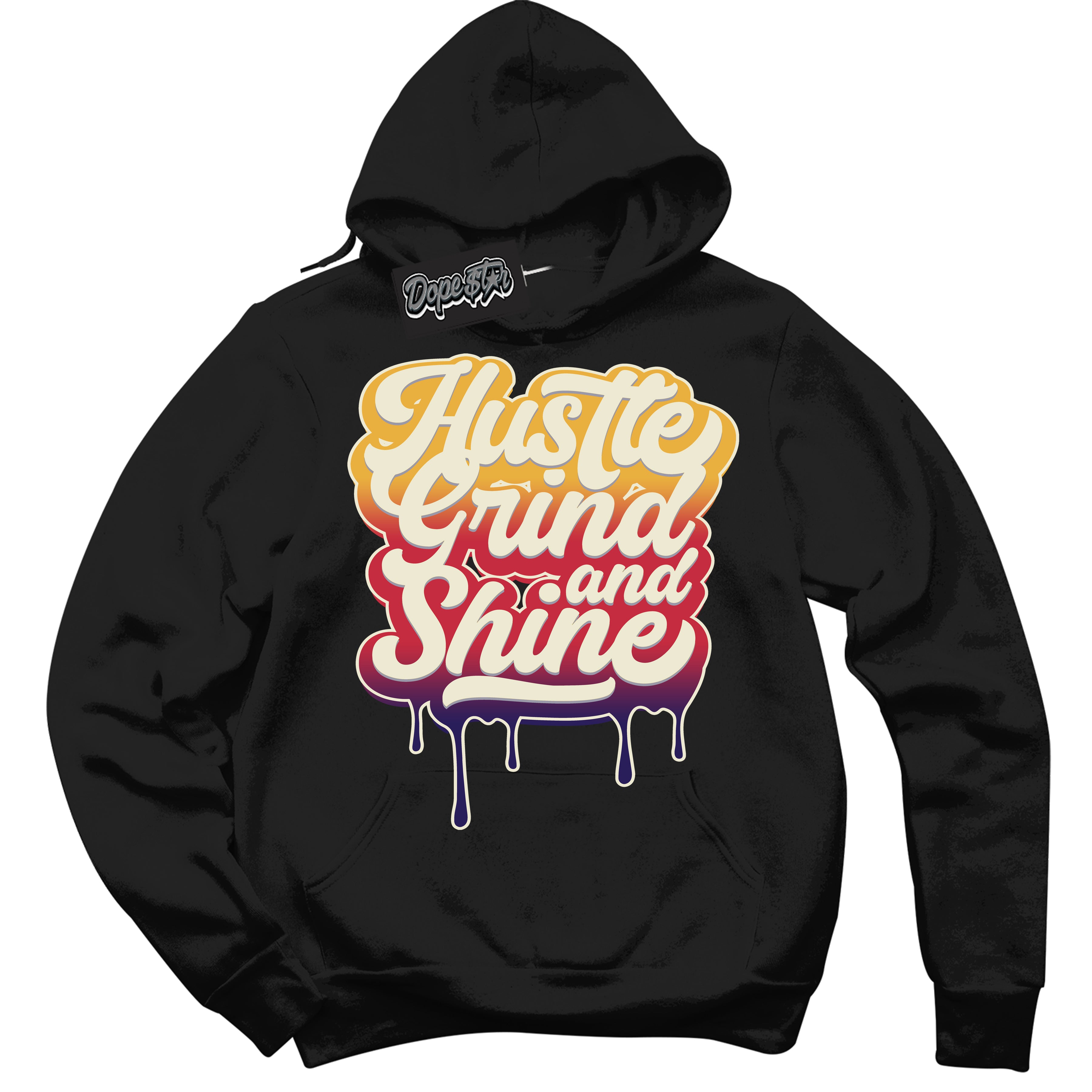 Cool Black Hoodie with “ Hustle Grind And Shine ” design that Perfectly Matches J Balvin Sunset 3s Jordans.