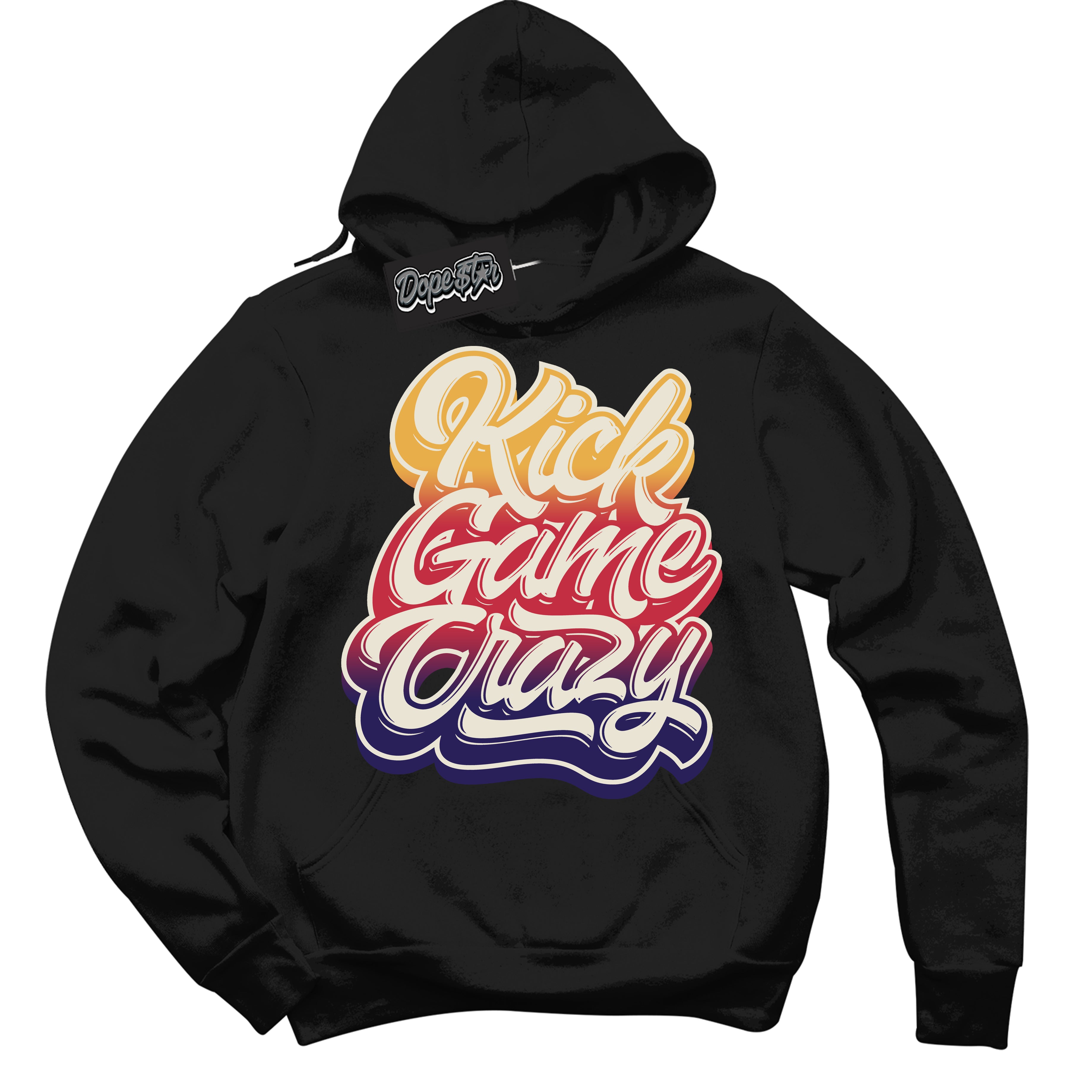 Cool Black Hoodie with “ Kick Game Crazy ” design that Perfectly Matches J Balvin Sunset 3s Jordans.