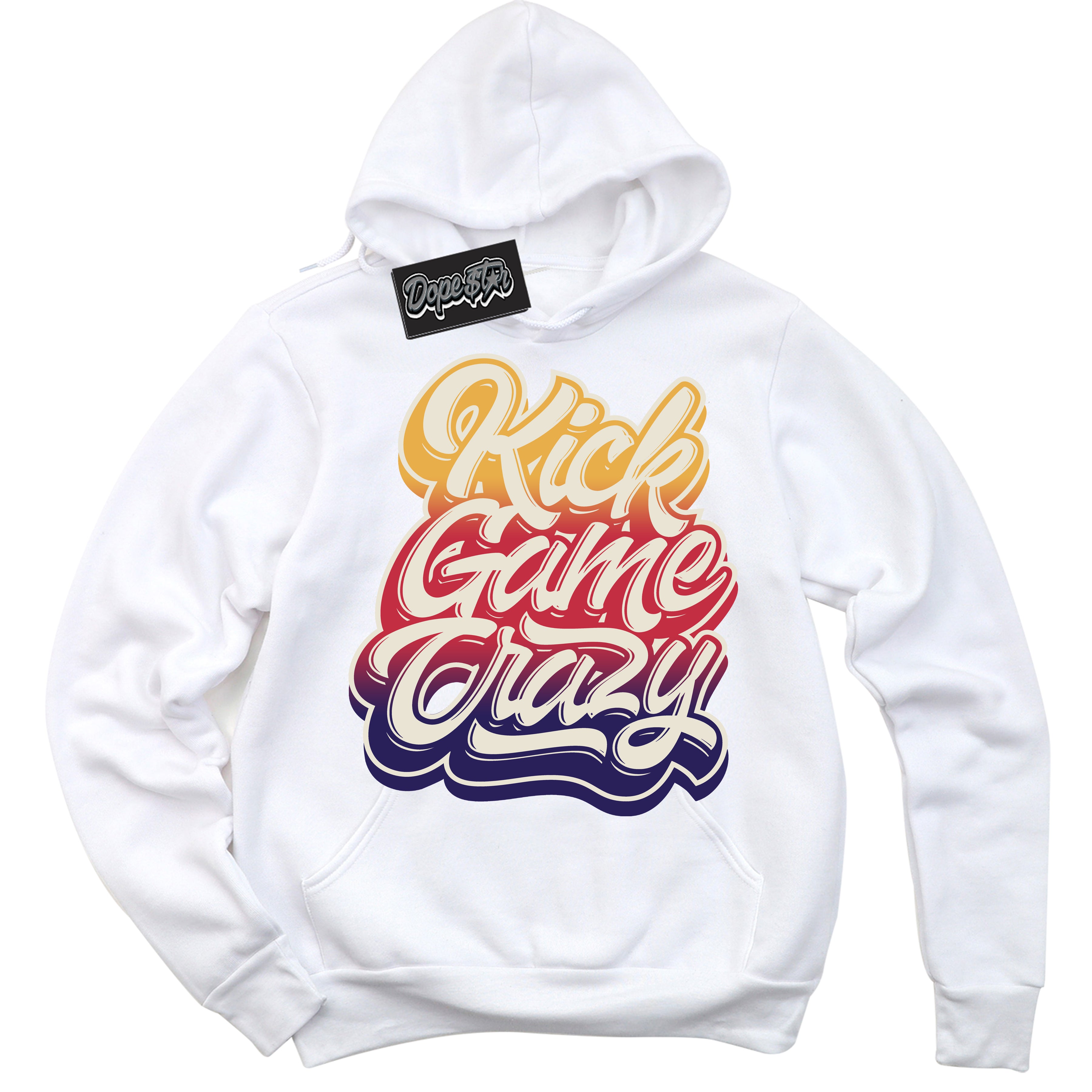 Cool White Hoodie with “ Kick Game Crazy ” design that Perfectly Matches J Balvin Sunset 3s Jordans.