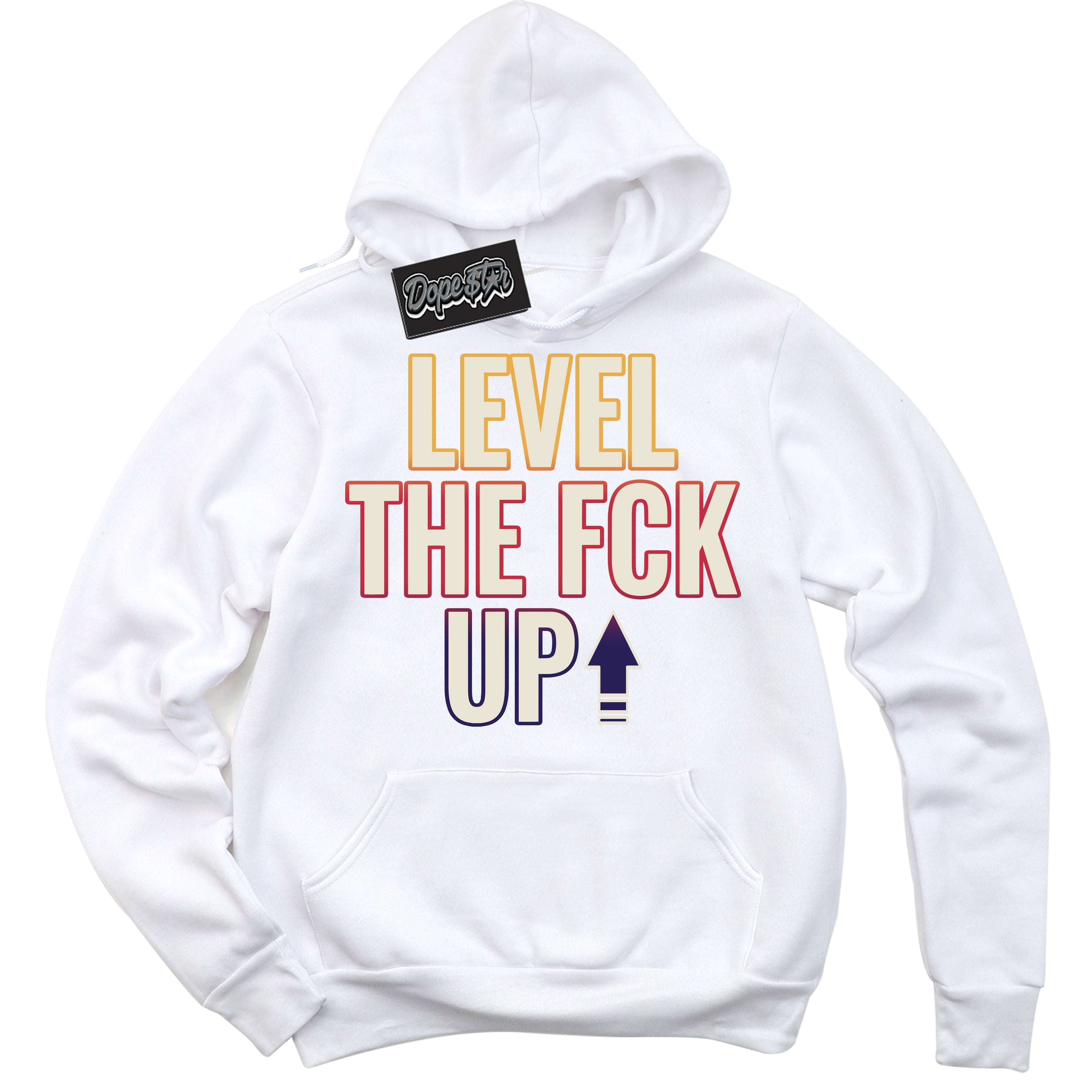 Cool White Hoodie with “ Level The Fck Up ” design that Perfectly Matches J Balvin Sunset 3s Jordans.