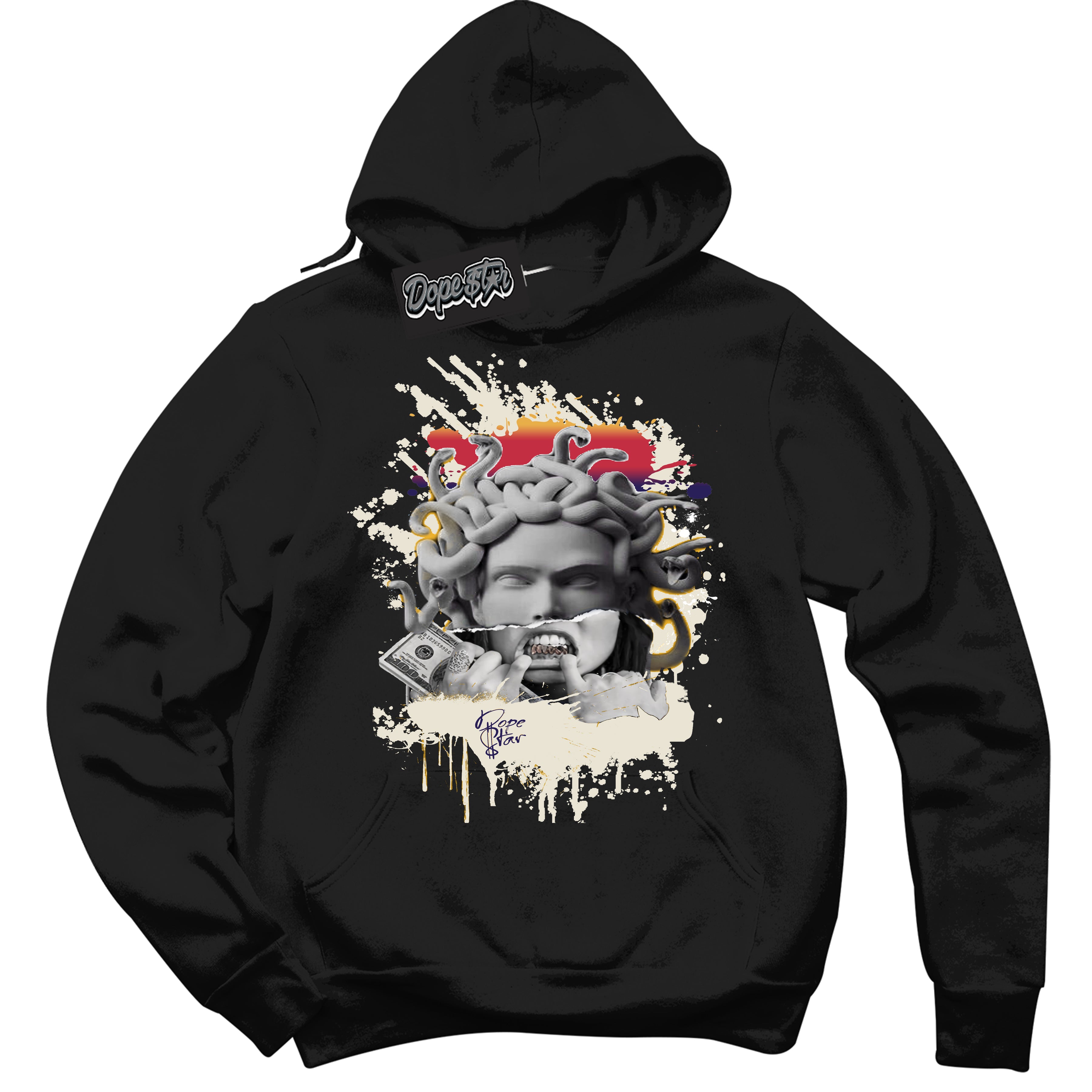 Cool Black Hoodie with “ Medusa ” design that Perfectly Matches J Balvin Sunset 3s Jordans.