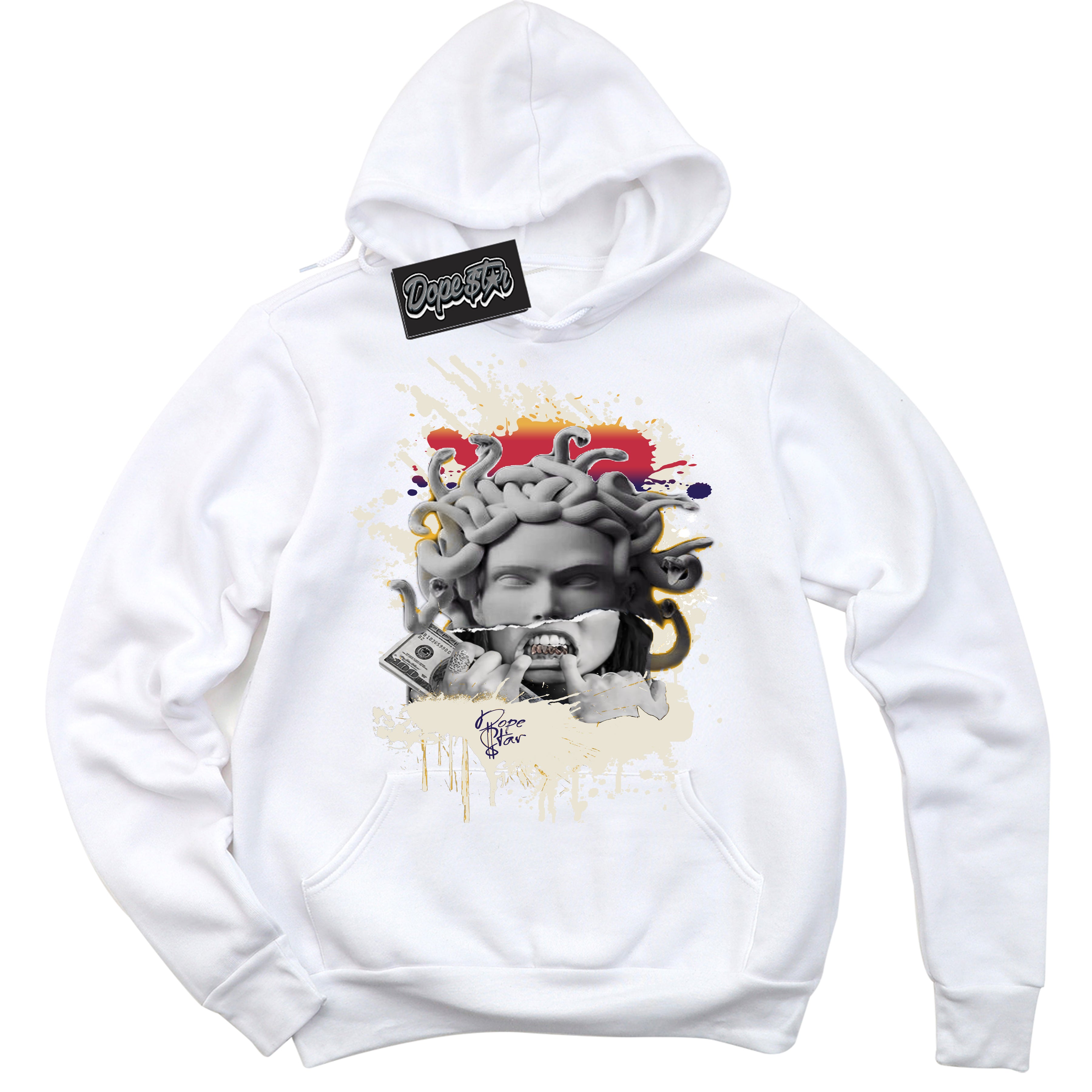 Cool White Hoodie with “ Medusa ” design that Perfectly Matches J Balvin Sunset 3s Jordans.