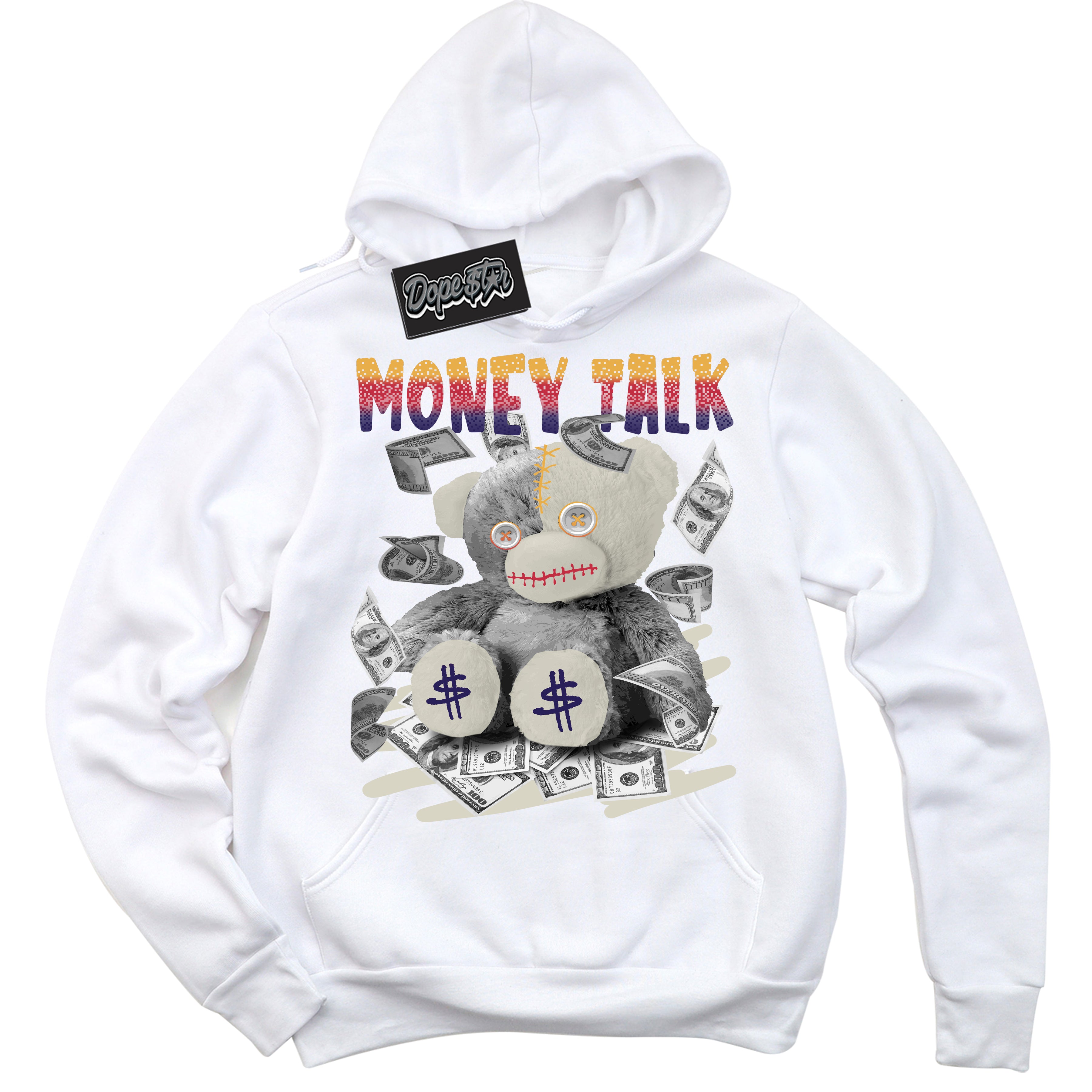 Cool White Hoodie with “ Money Talk Bear ” design that Perfectly Matches J Balvin Sunset 3s Jordans.