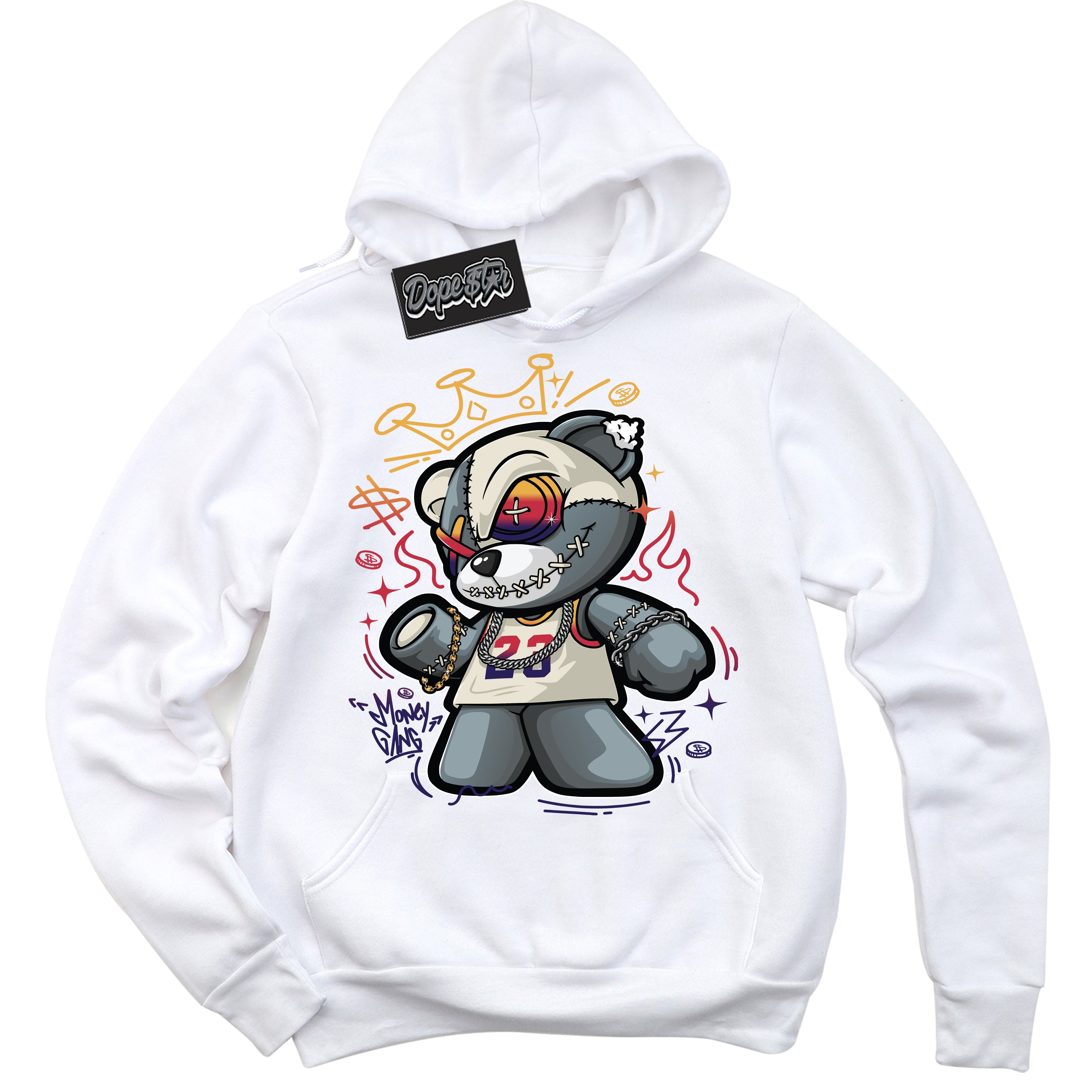 Cool White Hoodie with “ Money Gang Bear ” design that Perfectly Matches J Balvin Sunset 3s Jordans.