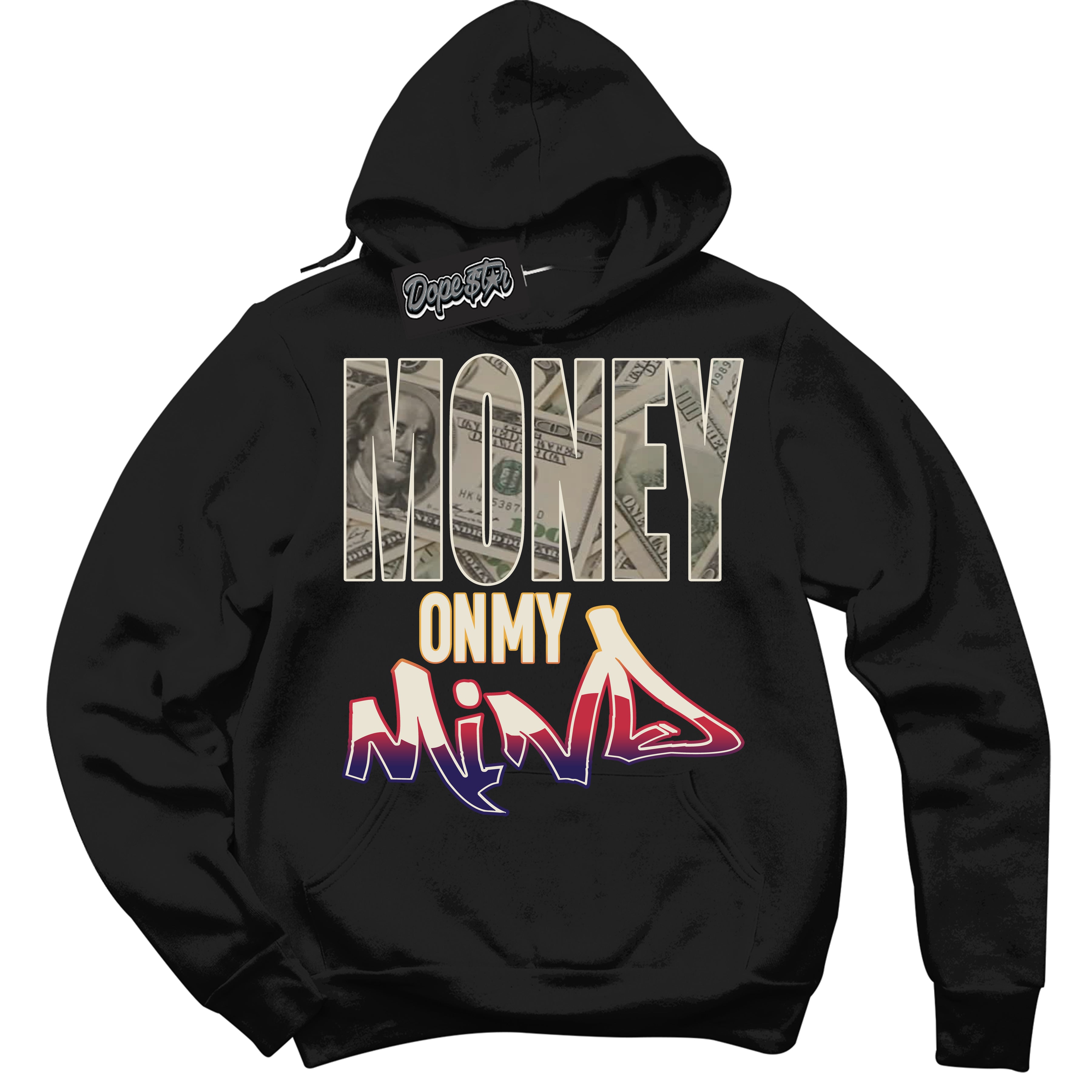 Cool Black Hoodie with “ Money On My Mind ” design that Perfectly Matches J Balvin Sunset 3s Jordans.