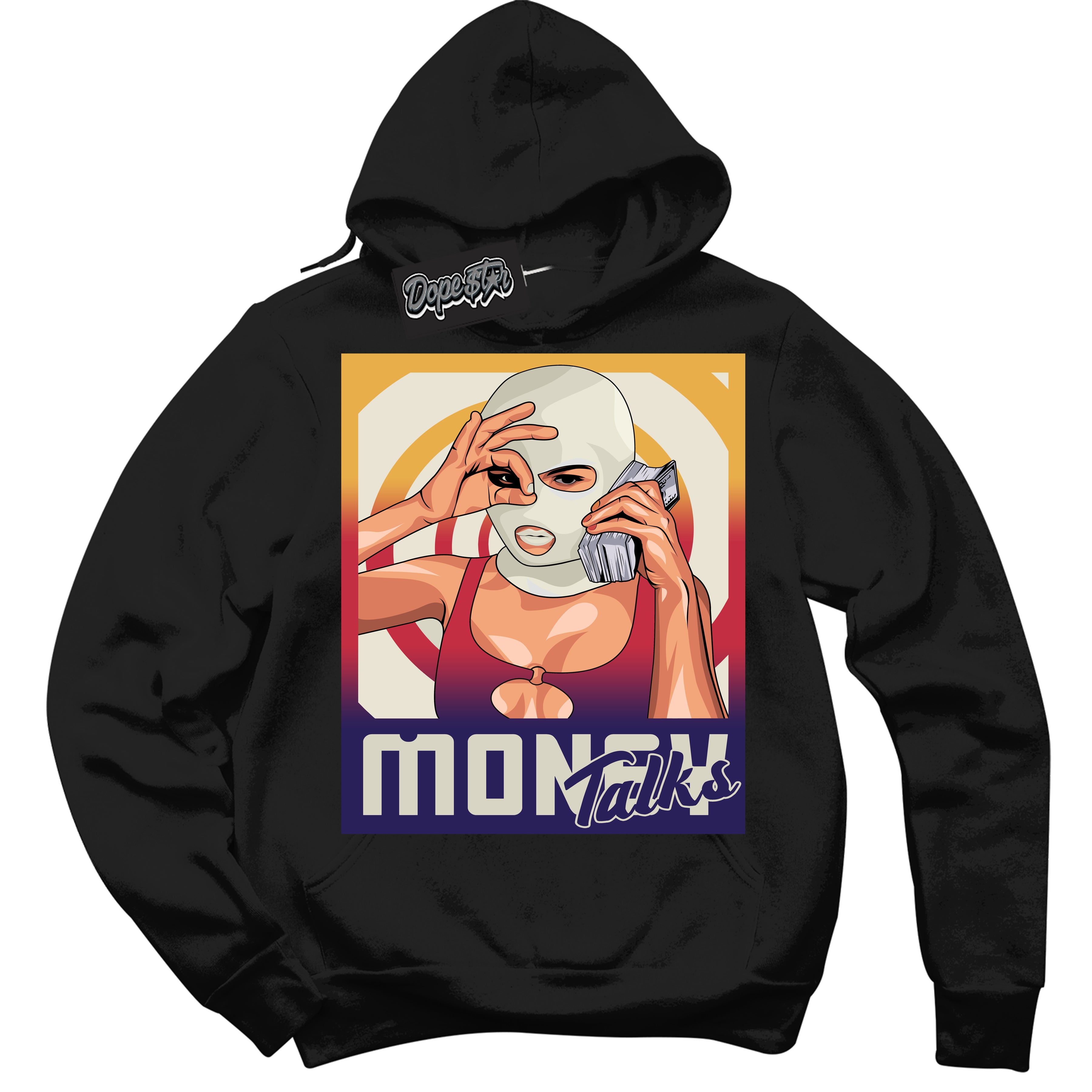 Cool Black Hoodie with “ Money Talks ” design that Perfectly Matches J Balvin Sunset 3s Jordans.