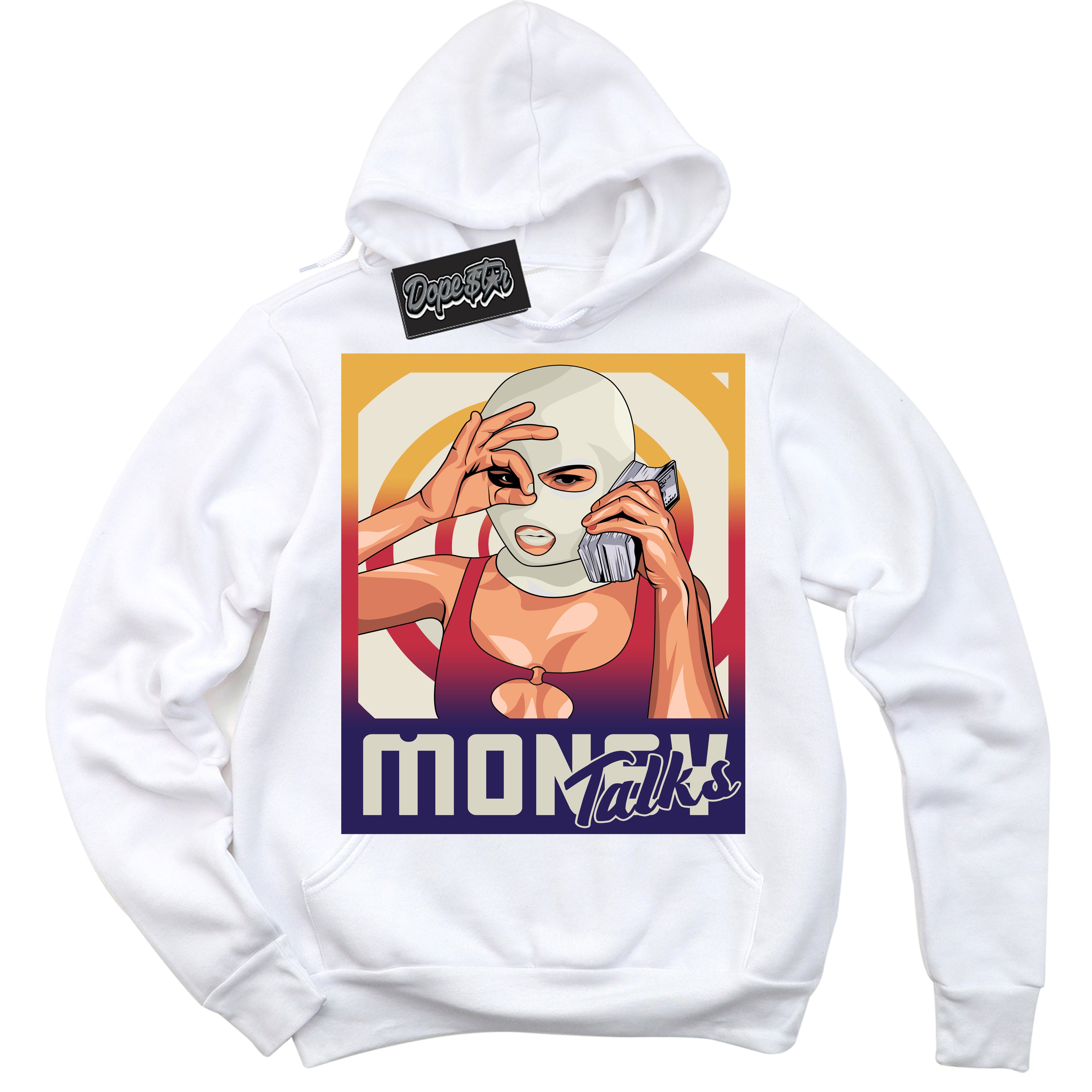 Cool White Hoodie with “ Money Talks ” design that Perfectly Matches J Balvin Sunset 3s Jordans.