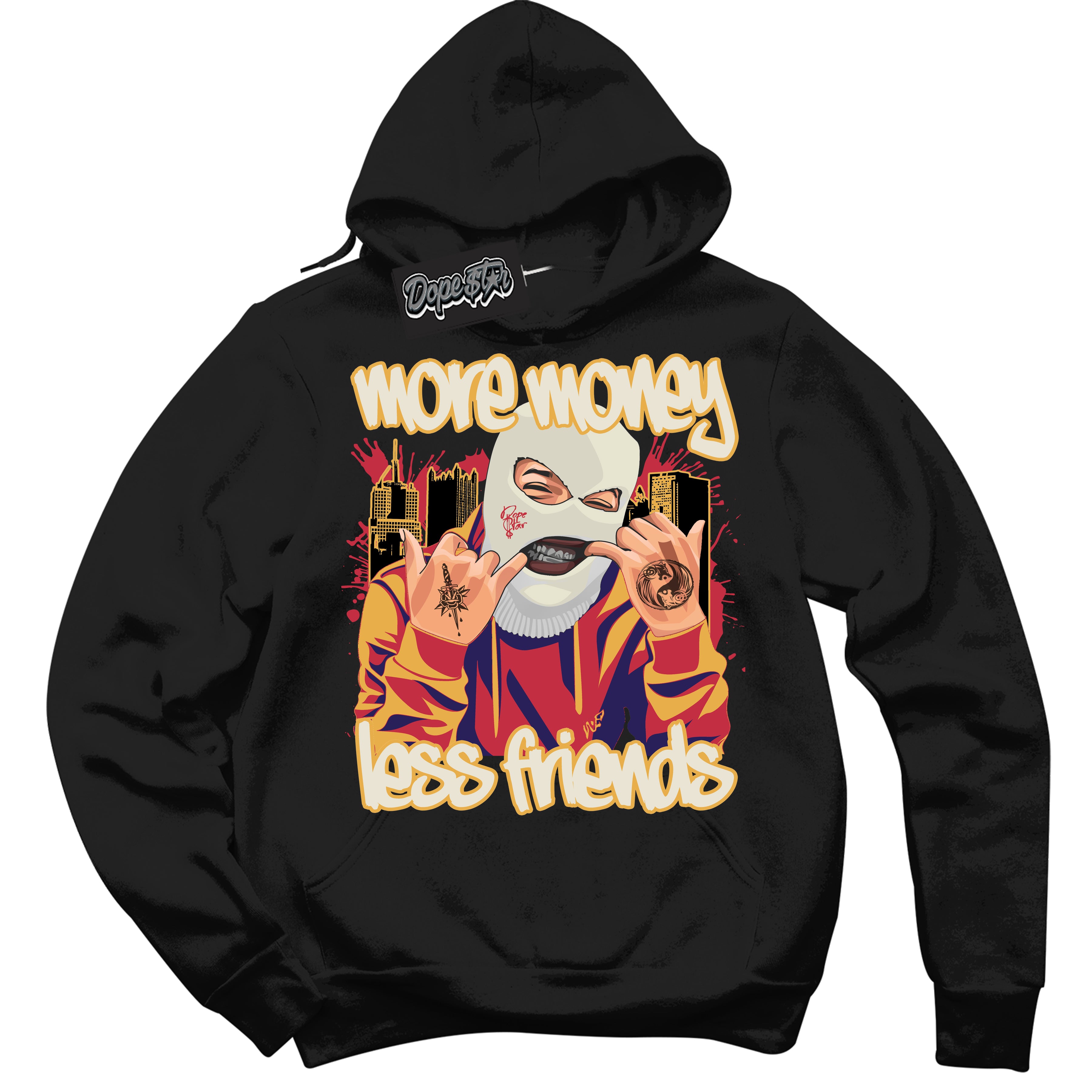Cool Black Hoodie with “ More Money Less Friends ” design that Perfectly Matches J Balvin Sunset 3s Jordans.