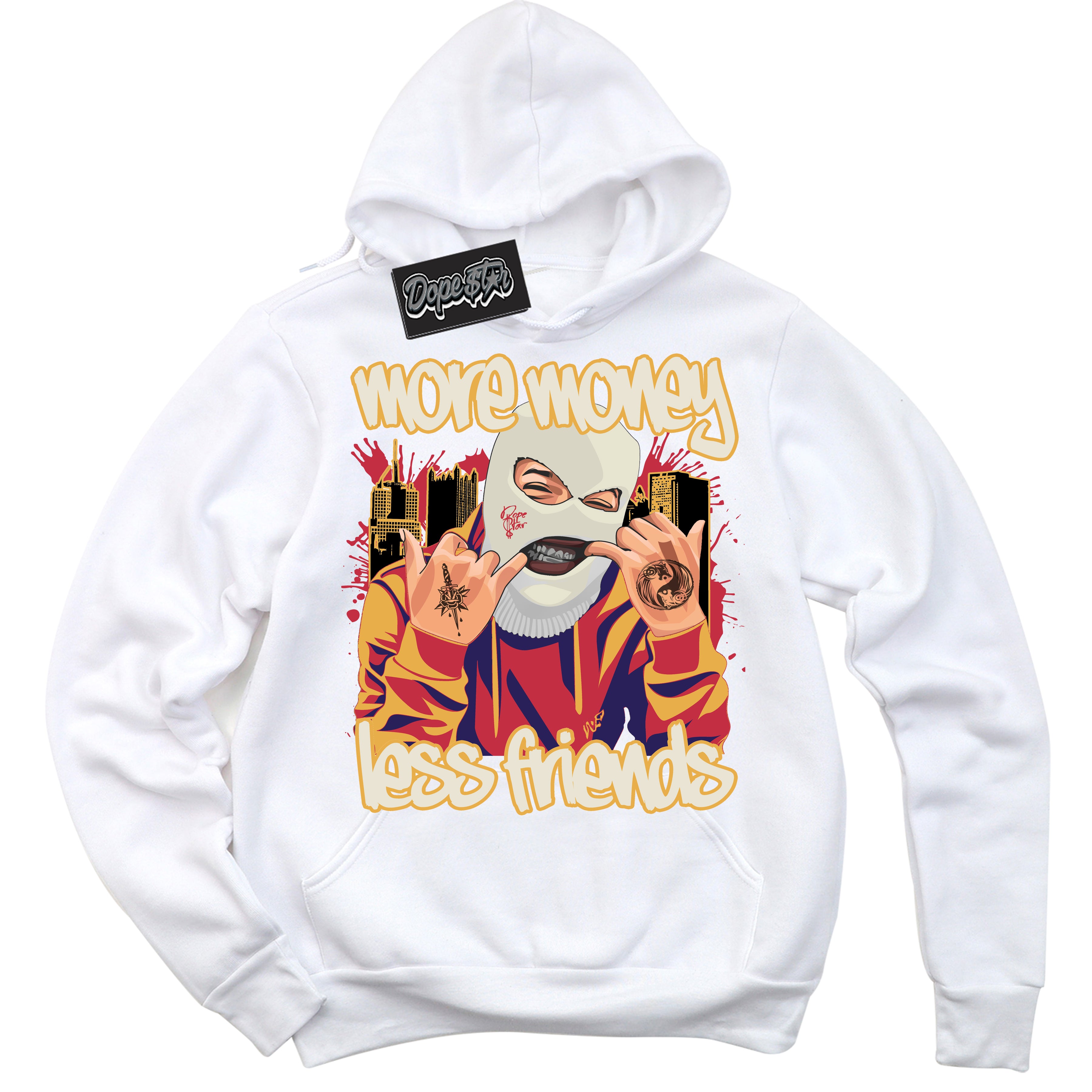 Cool White Hoodie with “ More Money Less Friends ” design that Perfectly Matches J Balvin Sunset 3s Jordans.