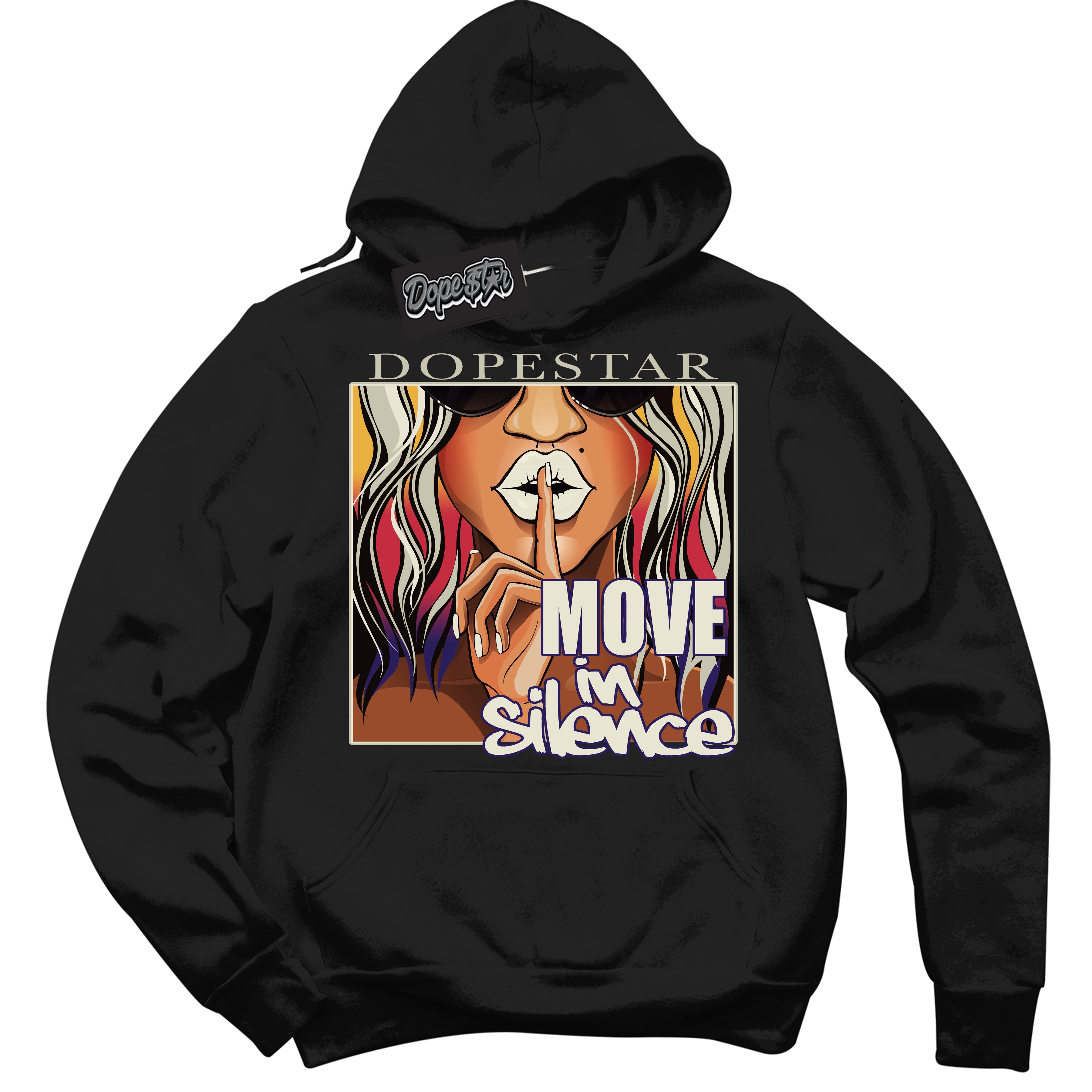 Cool Black Hoodie with “ Move In Silence ” design that Perfectly Matches J Balvin Sunset 3s Jordans.