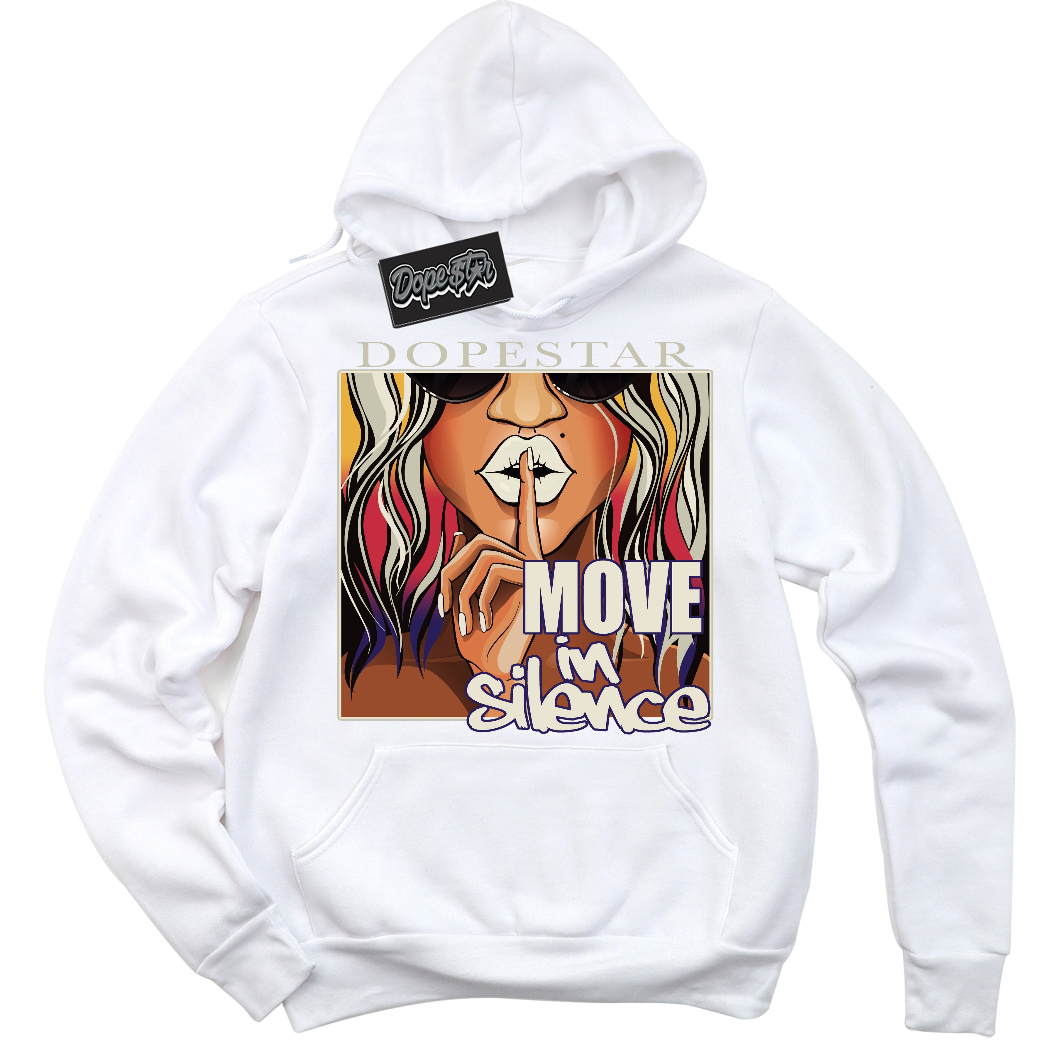 Cool White Hoodie with “ Move In Silence ” design that Perfectly Matches J Balvin Sunset 3s Jordans.