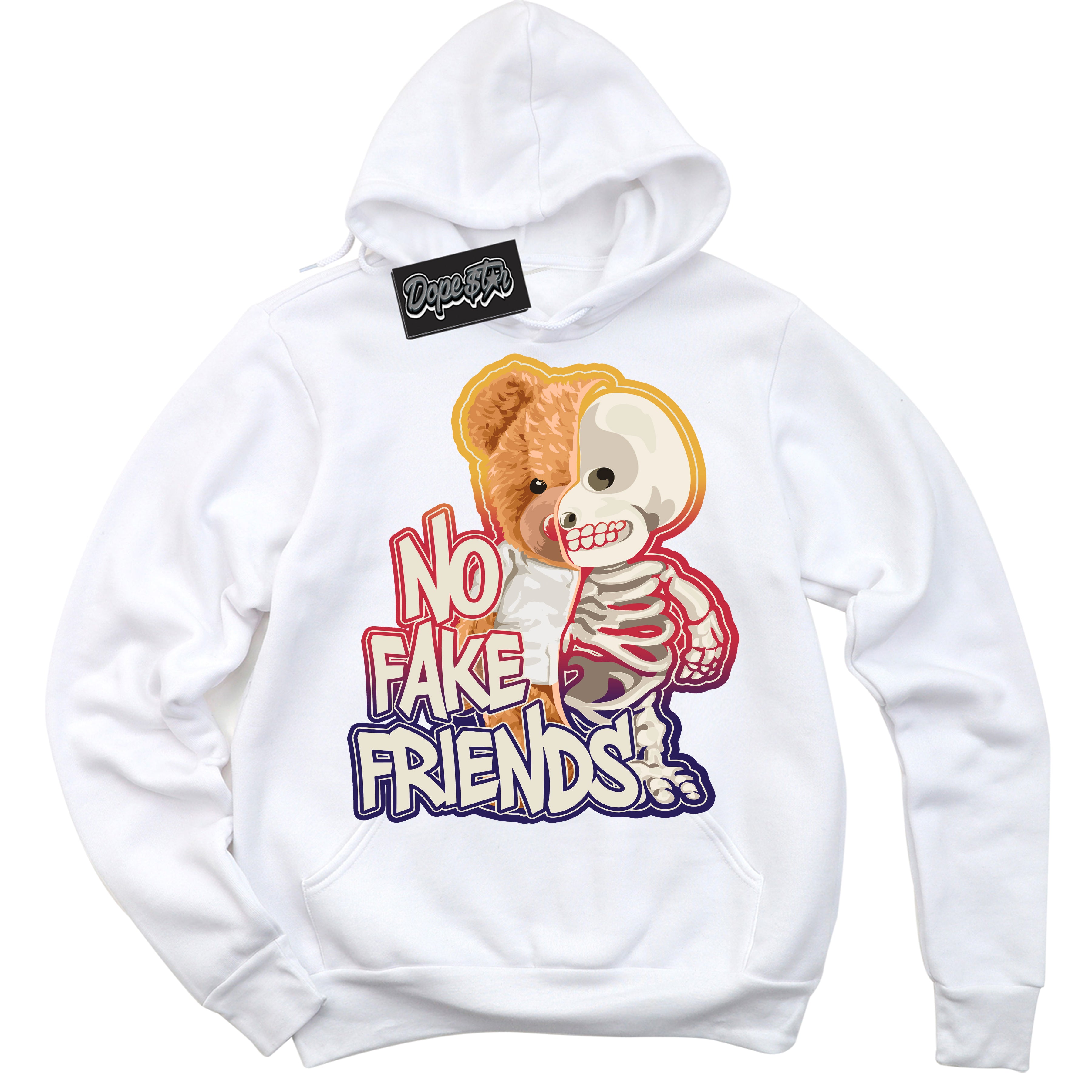 Cool White Hoodie with “ No Fake Friends ” design that Perfectly Matches J Balvin Sunset 3s Jordans.