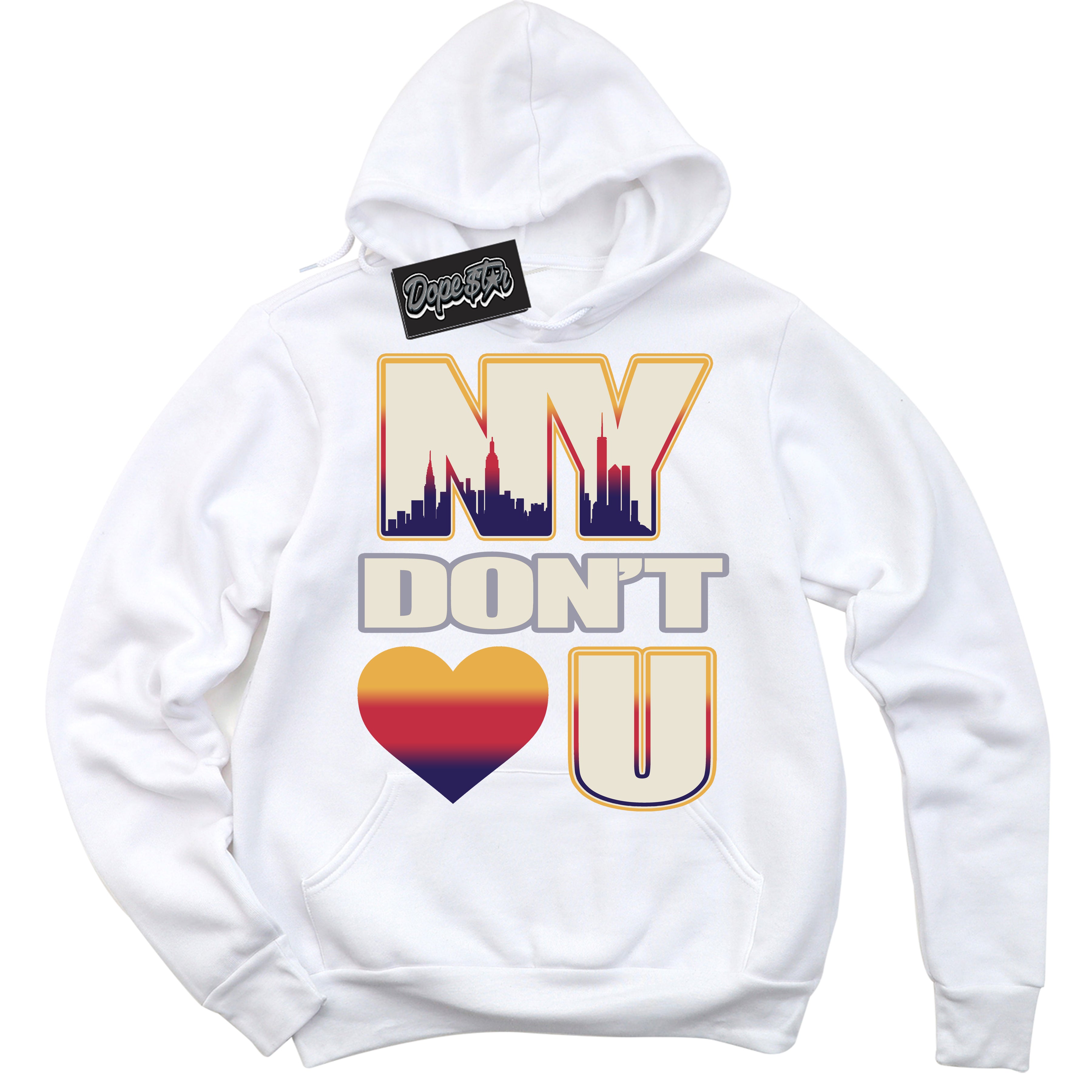 Cool White Hoodie with “ NY Don't Love You ” design that Perfectly Matches J Balvin Sunset 3s Jordans.