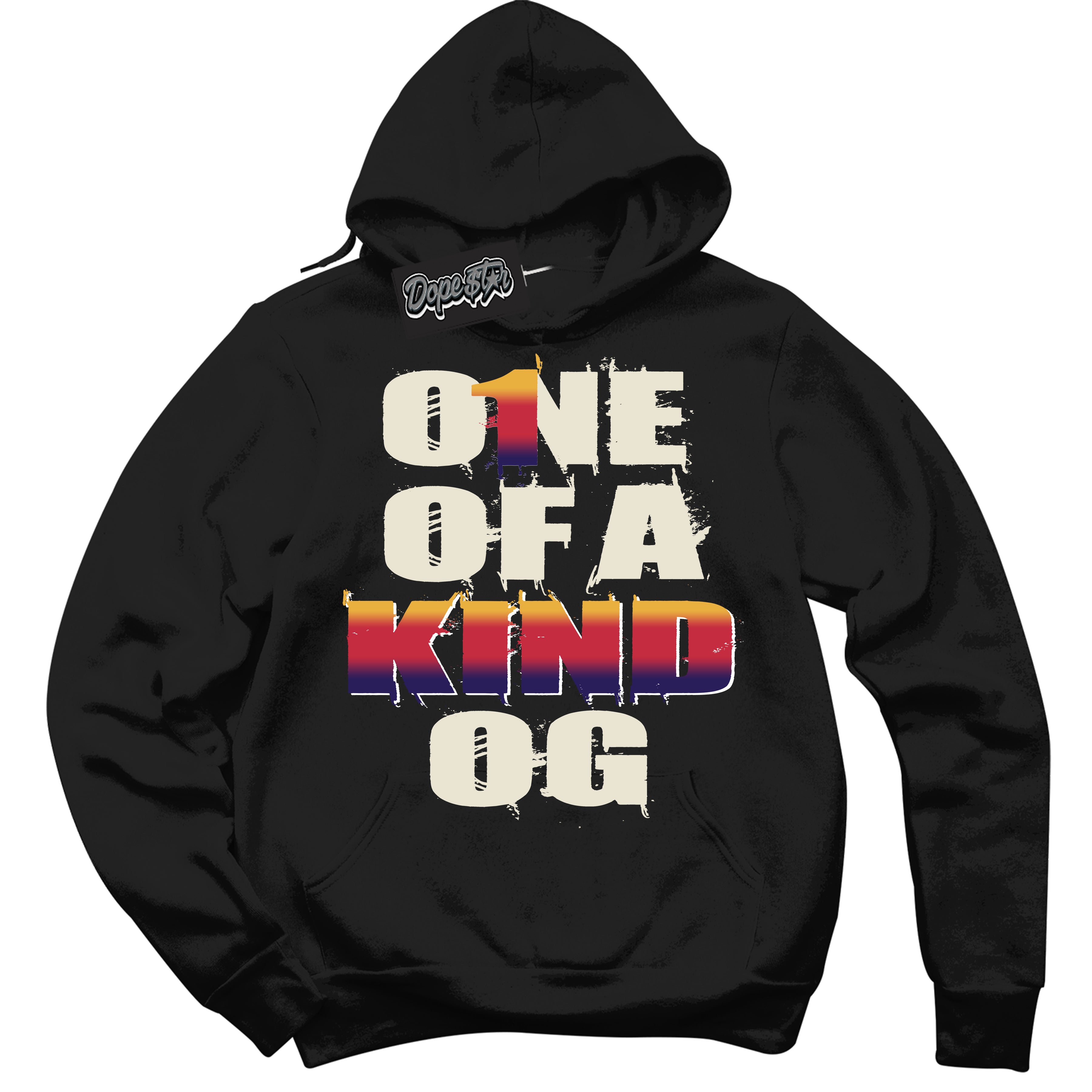 Cool Black Hoodie with “ One Of A Kind ” design that Perfectly Matches J Balvin Sunset 3s Jordans.