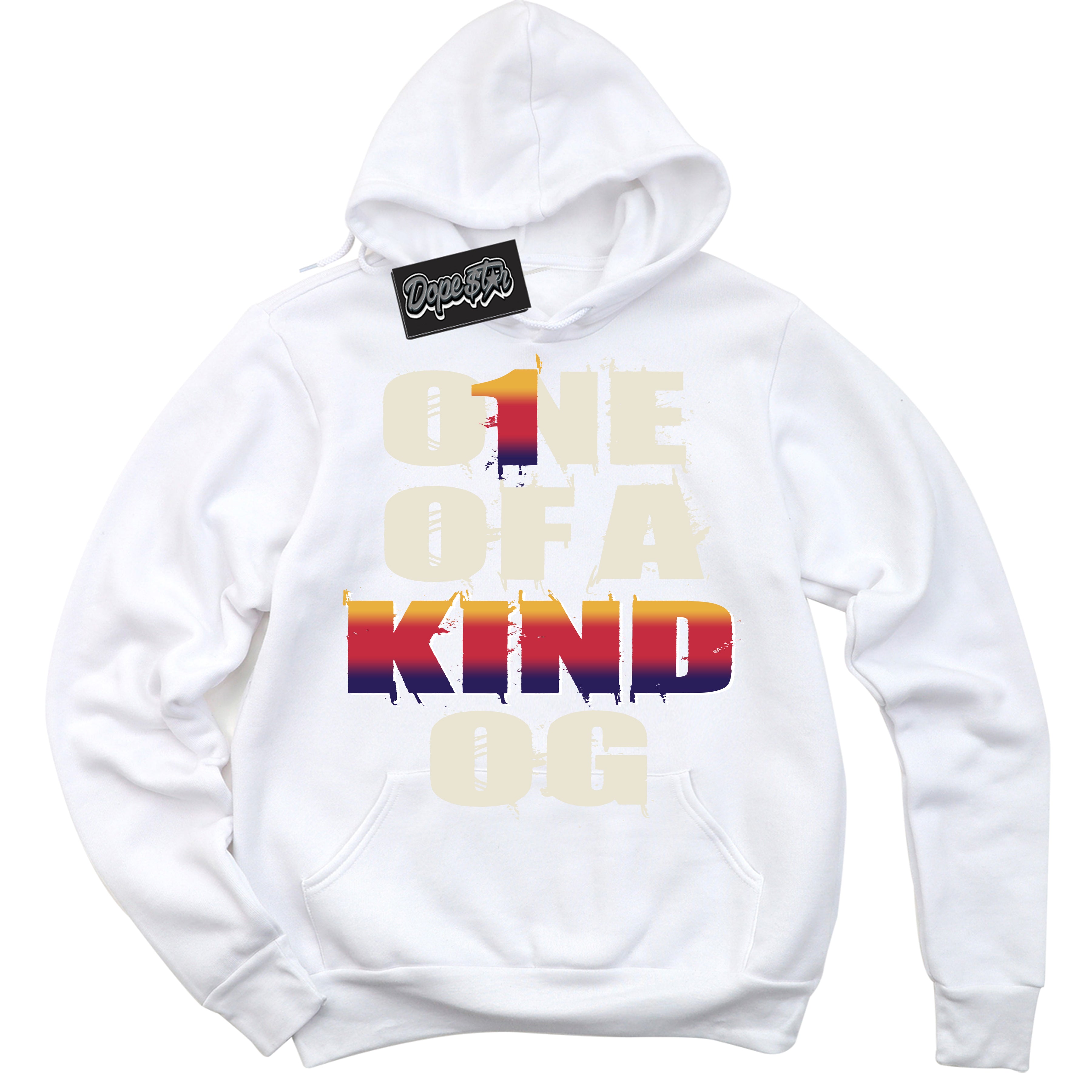 Cool White Hoodie with “ One Of A Kind ” design that Perfectly Matches J Balvin Sunset 3s Jordans.