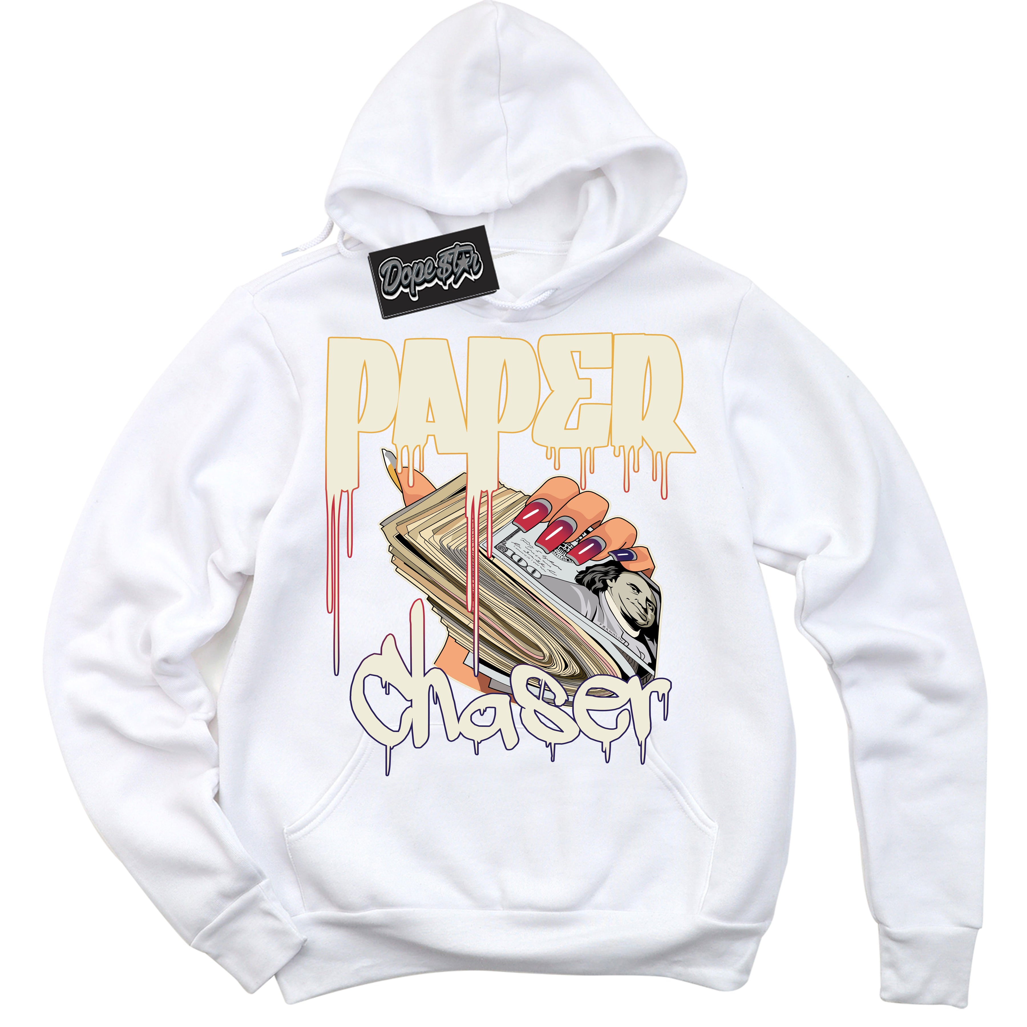 Cool White Hoodie with “ Paper Chaser ” design that Perfectly Matches J Balvin Sunset 3s Jordans.