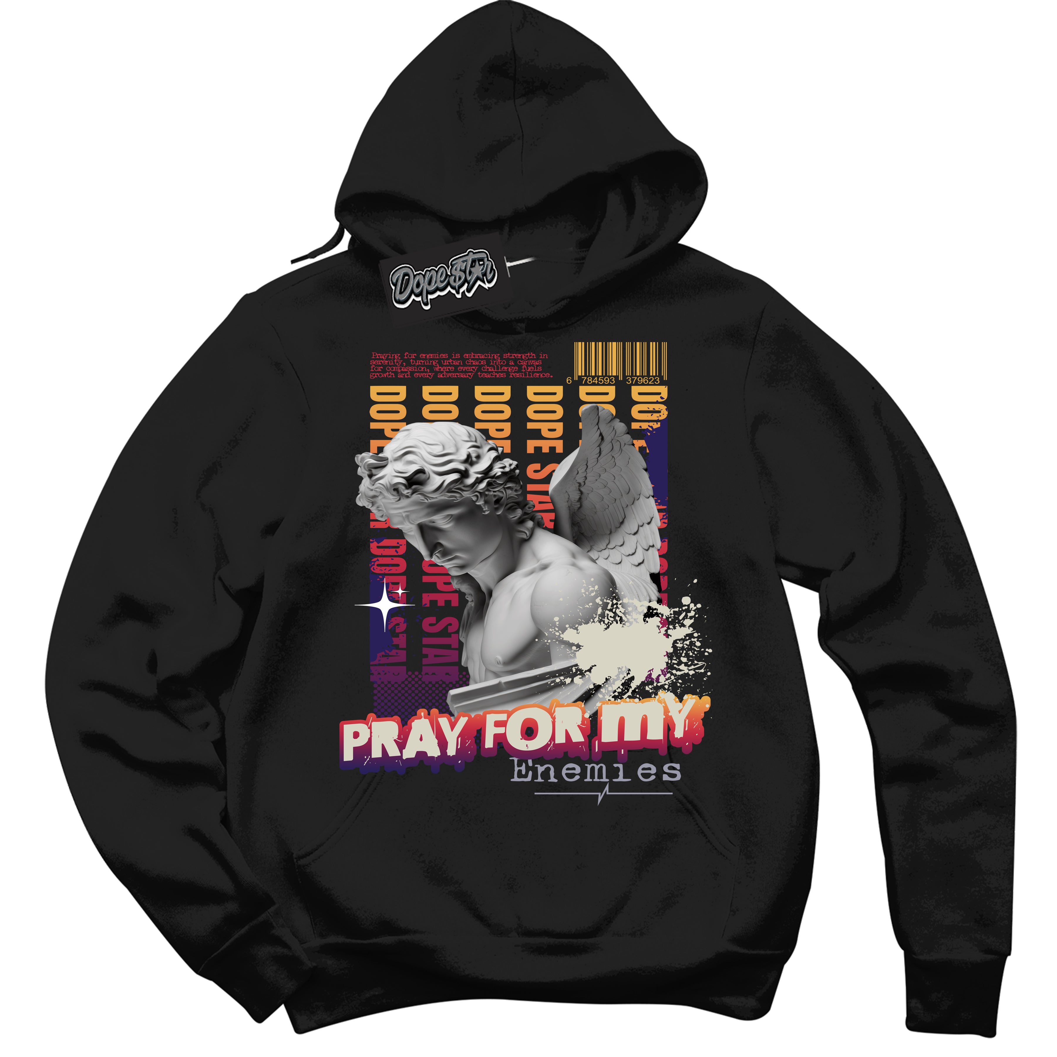 Cool Black Hoodie with “ Pray Enemies ” design that Perfectly Matches J Balvin Sunset 3s Sneakers.