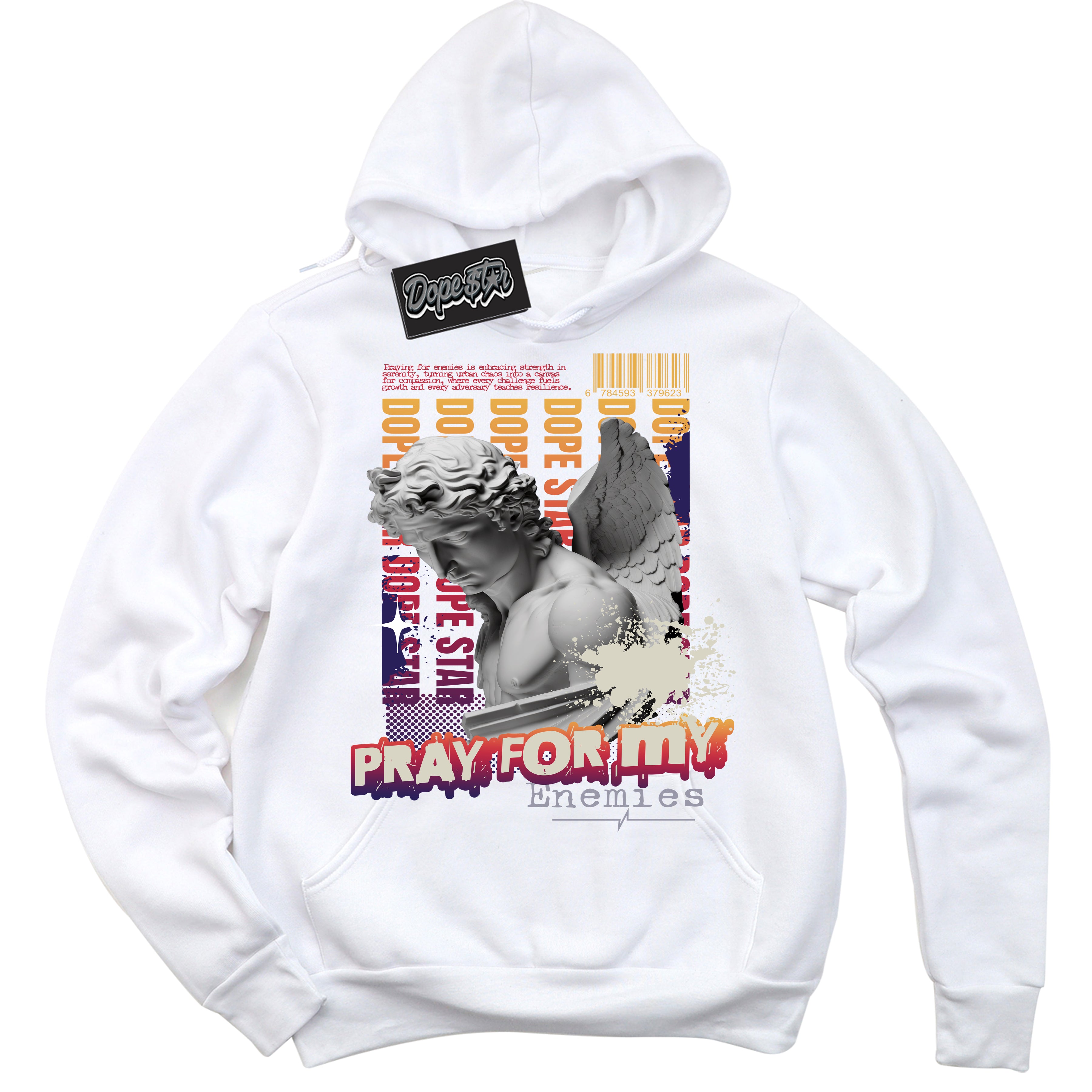 Cool White Hoodie with “ Pray Enemies ” design that Perfectly Matches J Balvin Sunset 3s Sneakers.