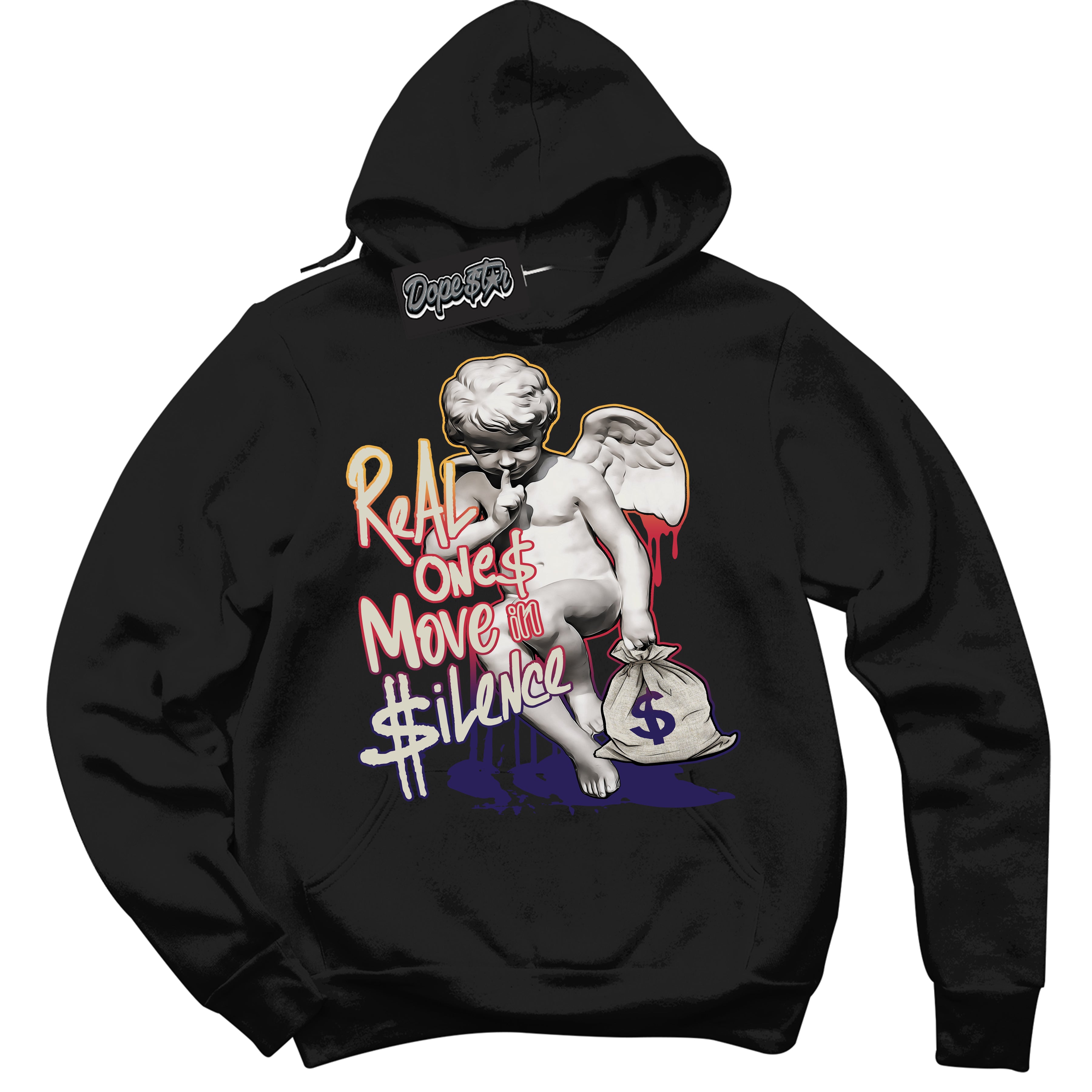 Cool Black Hoodie with “ Real Ones Cherub ” design that Perfectly Matches J Balvin Sunset 3s Jordans.