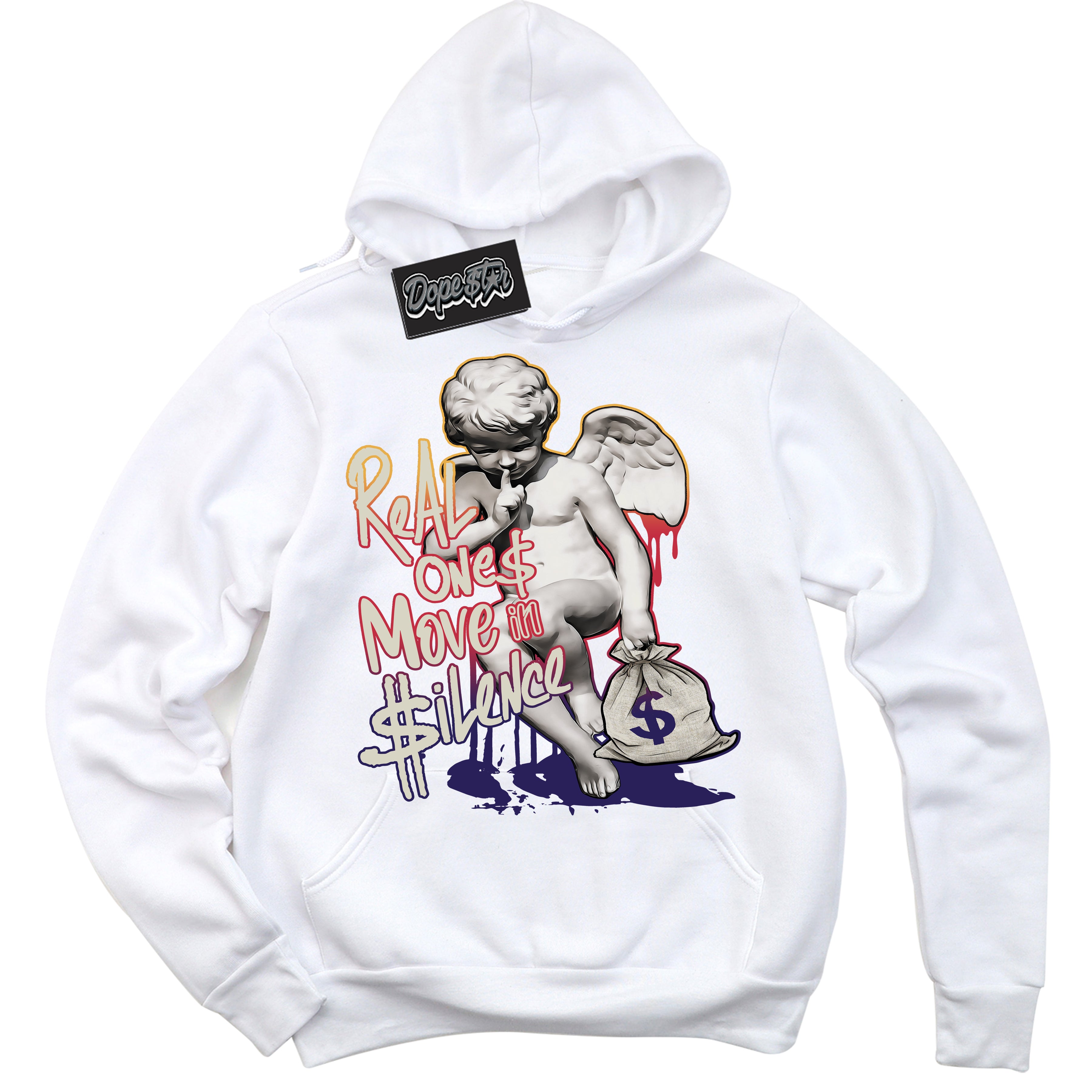 Cool White Hoodie with “ Real Ones Cherub ” design that Perfectly Matches J Balvin Sunset 3s Jordans.