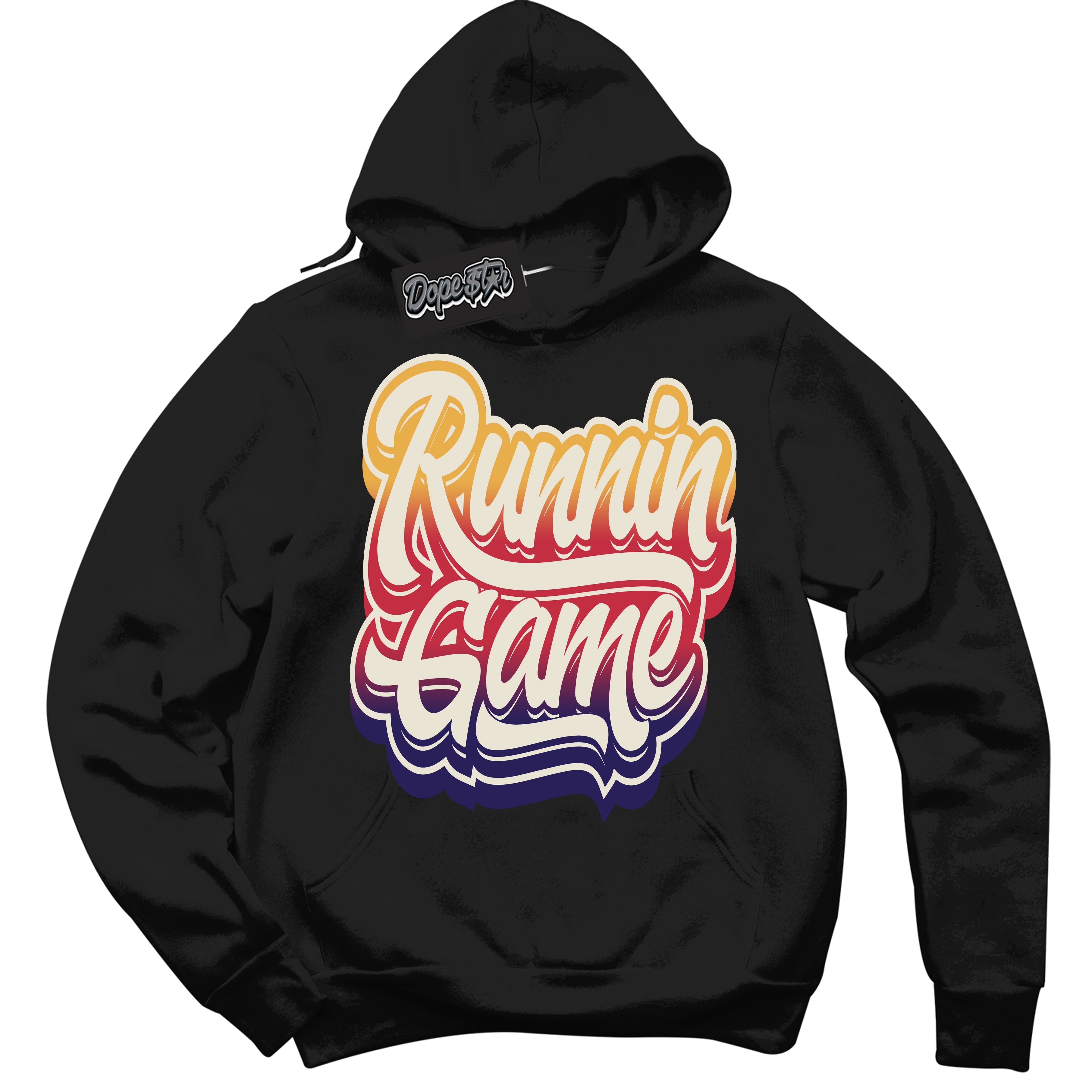 Cool Black Hoodie with “ Running Game ” design that Perfectly Matches J Balvin Sunset 3s Jordans.