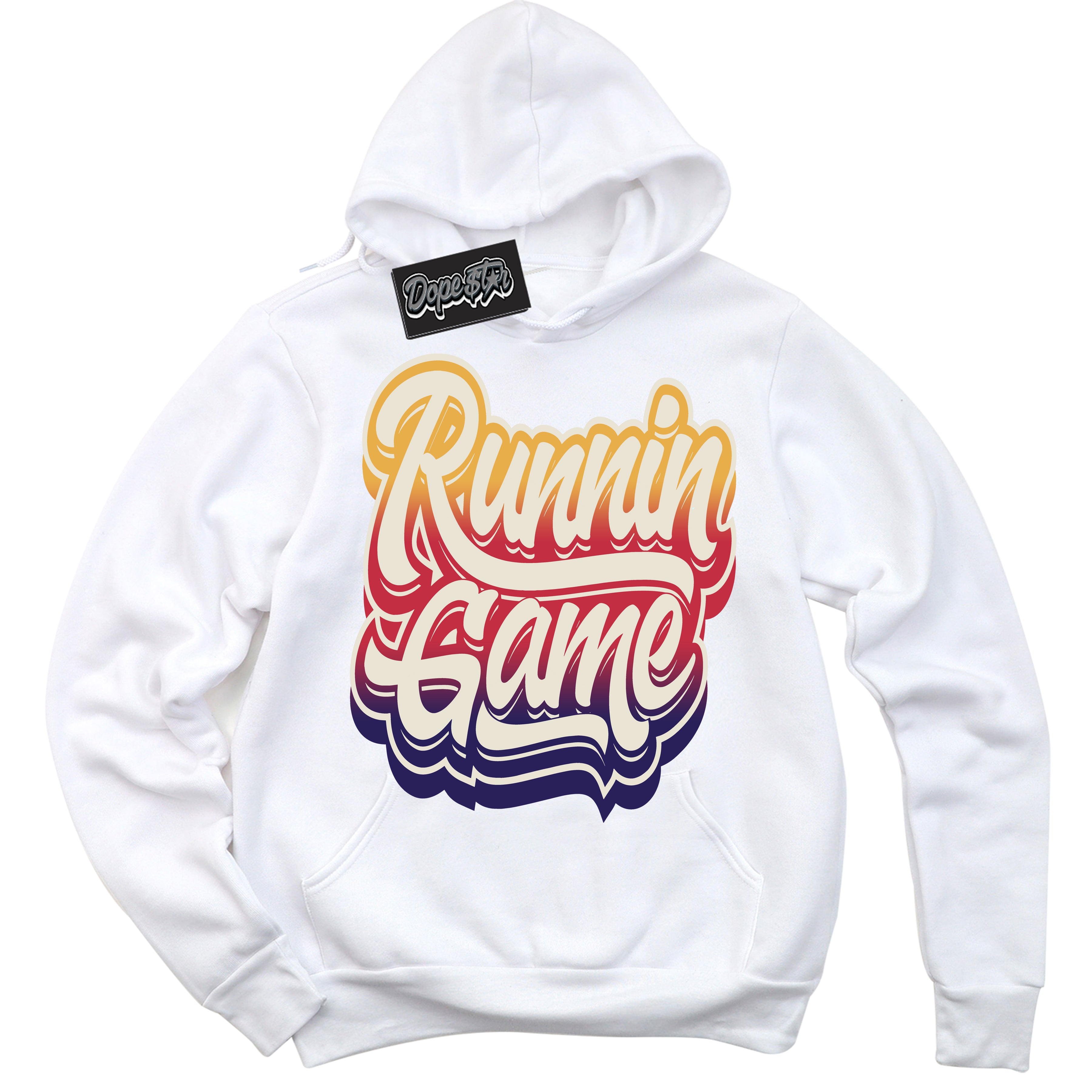 Cool White Hoodie with “ Running Game ” design that Perfectly Matches J Balvin Sunset 3s Jordans.