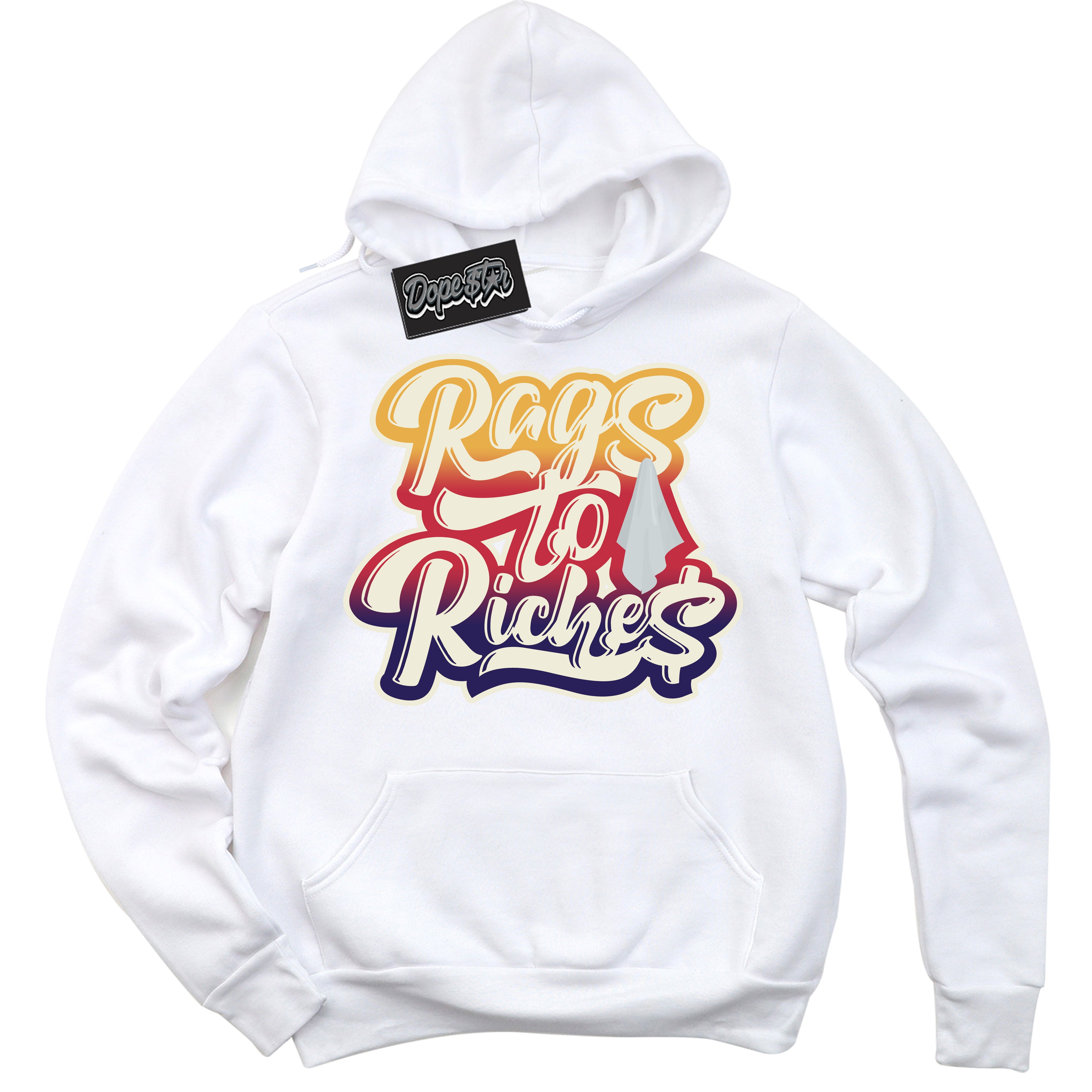 Cool White Hoodie with “ Rags To Riches ” design that Perfectly Matches J Balvin Sunset 3s Jordans.