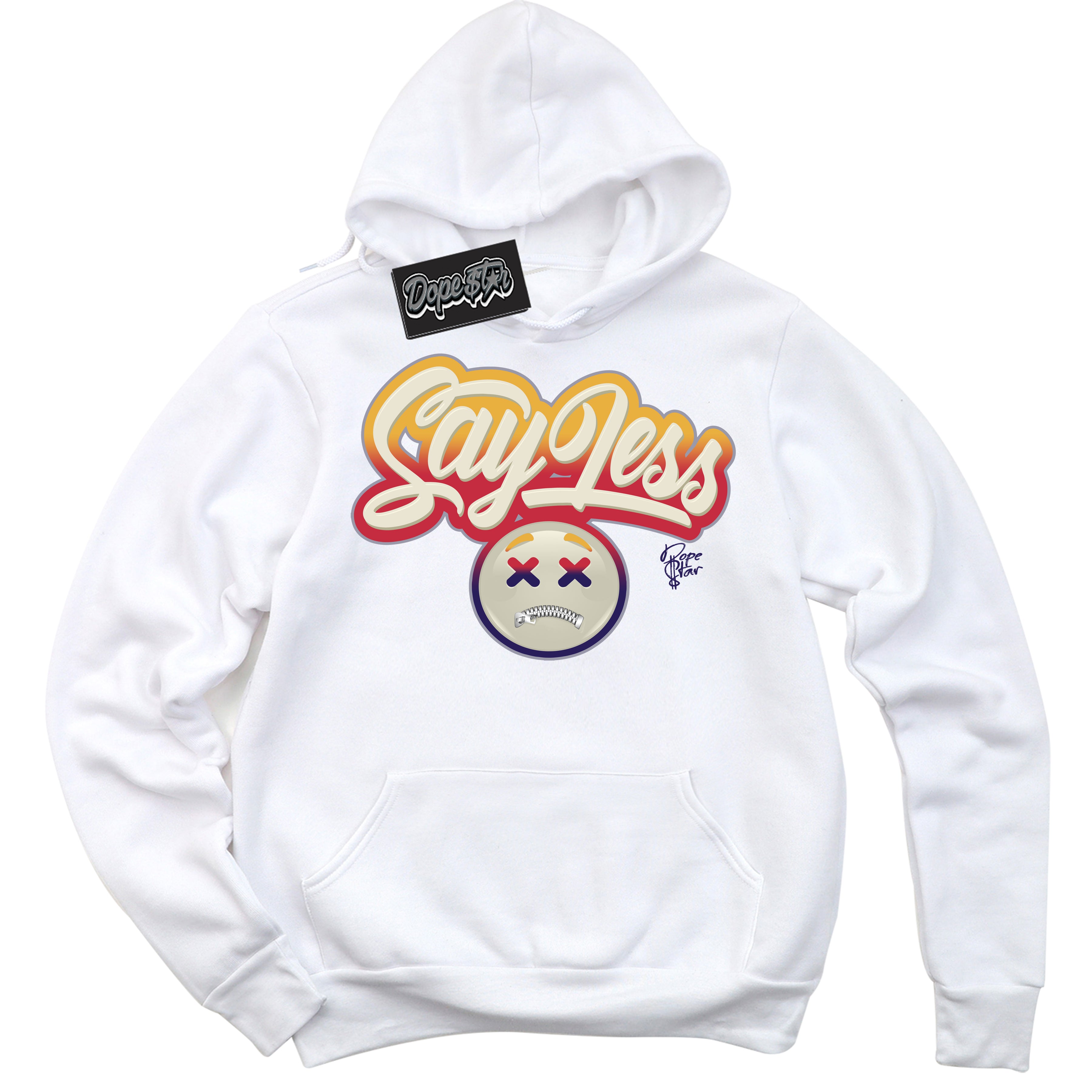 Cool White Hoodie with “ Say Less ” design that Perfectly Matches J Balvin Sunset 3s Jordans.