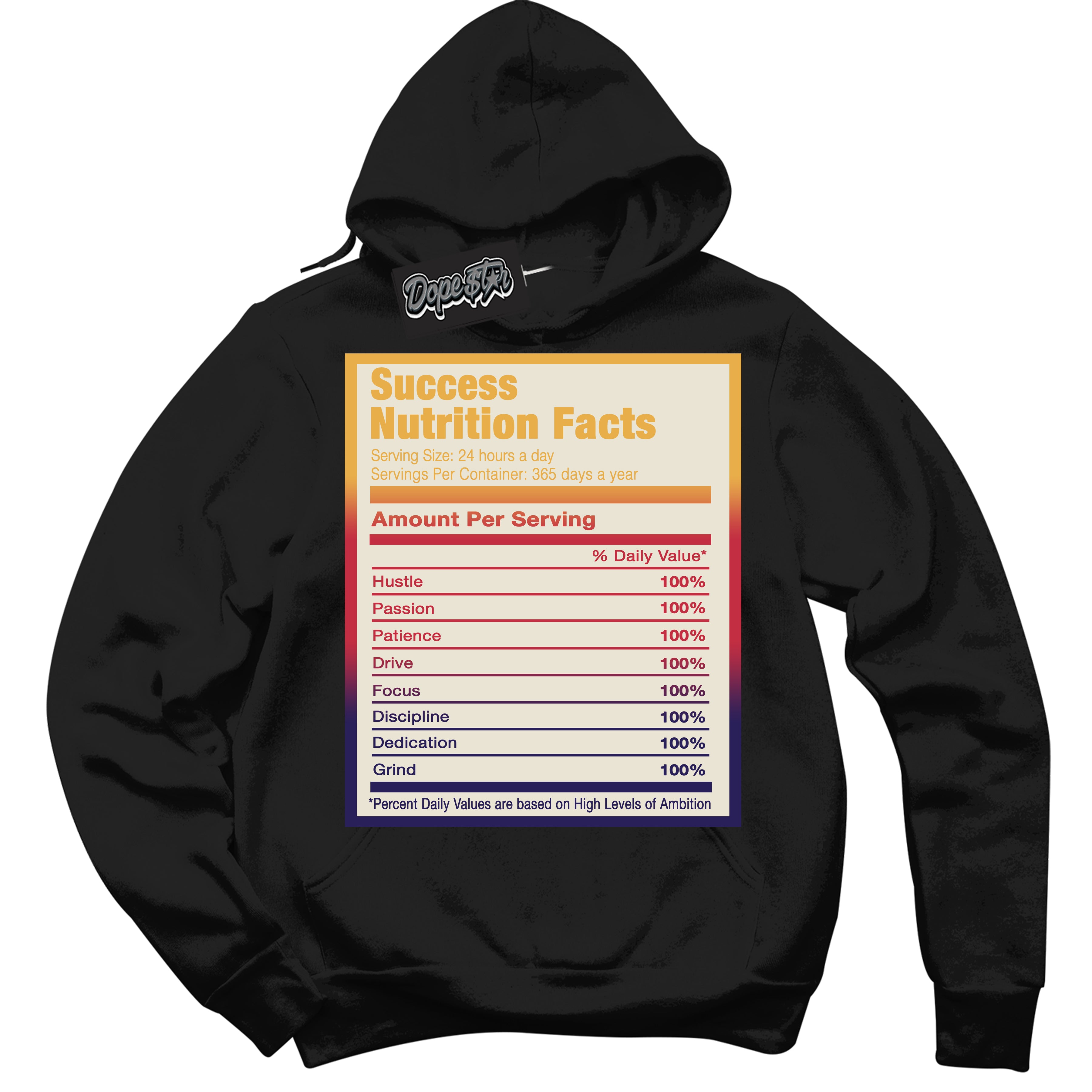 Cool Black Hoodie with “ Success Nutrition ” design that Perfectly Matches J Balvin Sunset 3s Jordans.