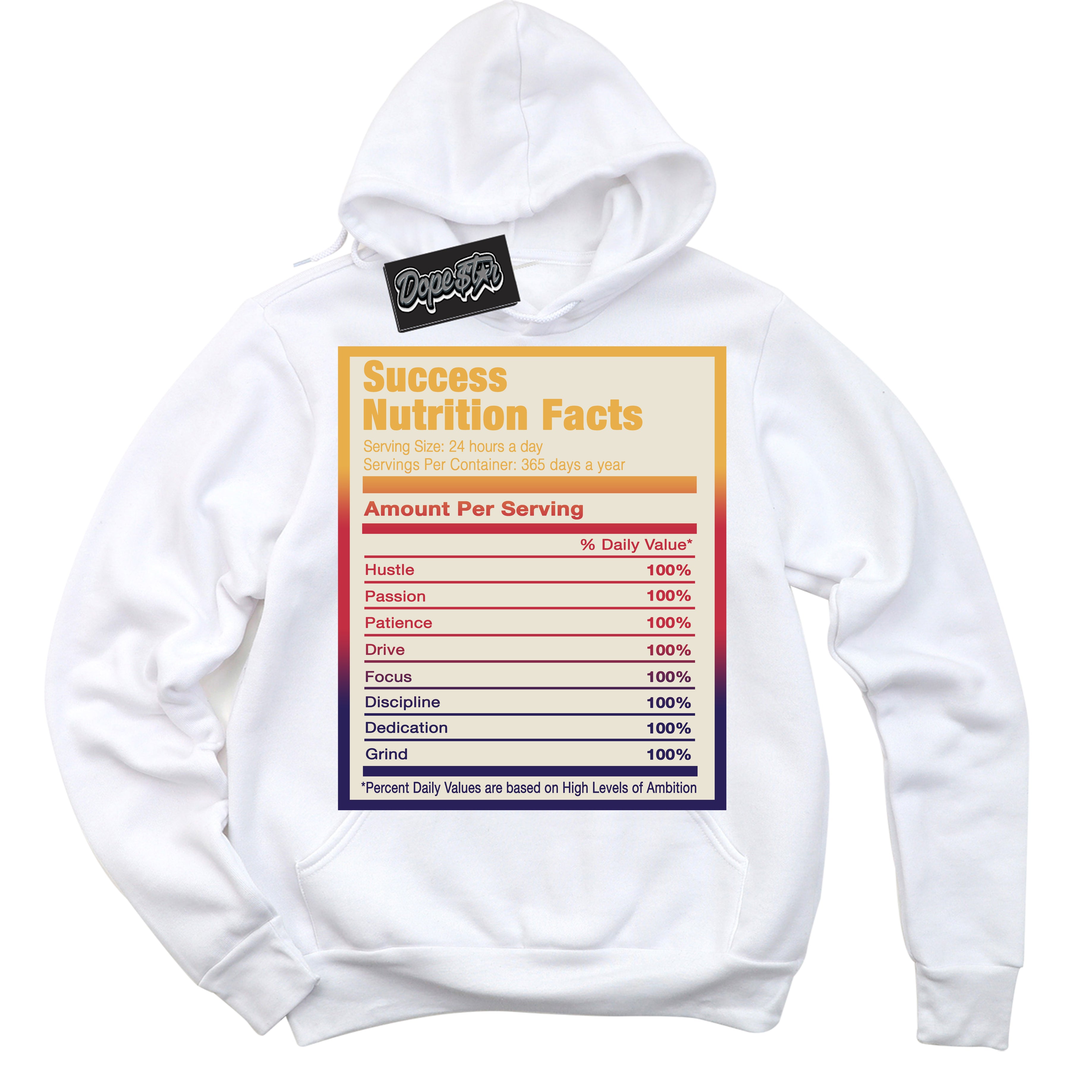 Cool White Hoodie with “ Success Nutrition ” design that Perfectly Matches J Balvin Sunset 3s Jordans.