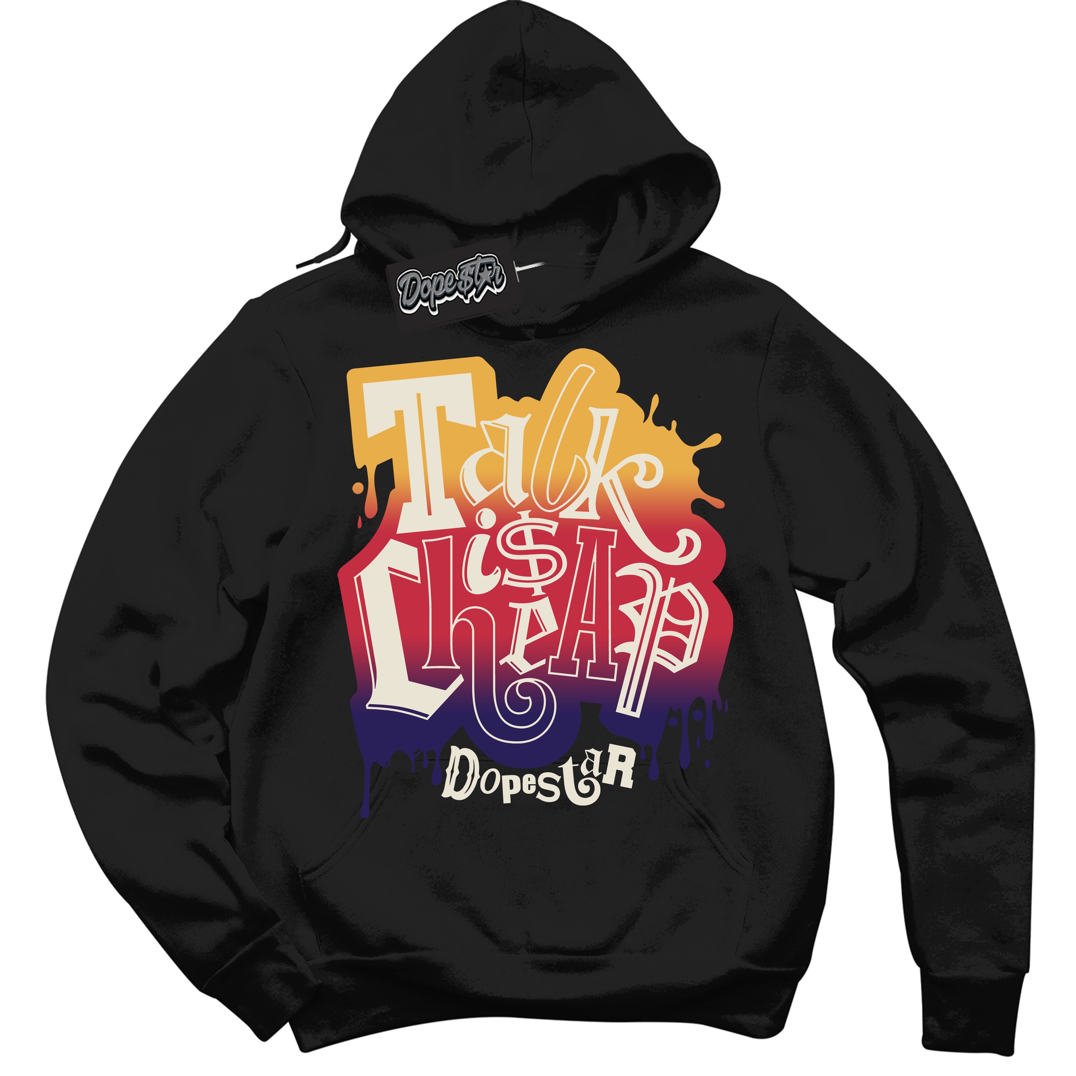 Cool Black Hoodie with “ Talk Is Cheap ” design that Perfectly Matches J Balvin Sunset 3s Jordans.