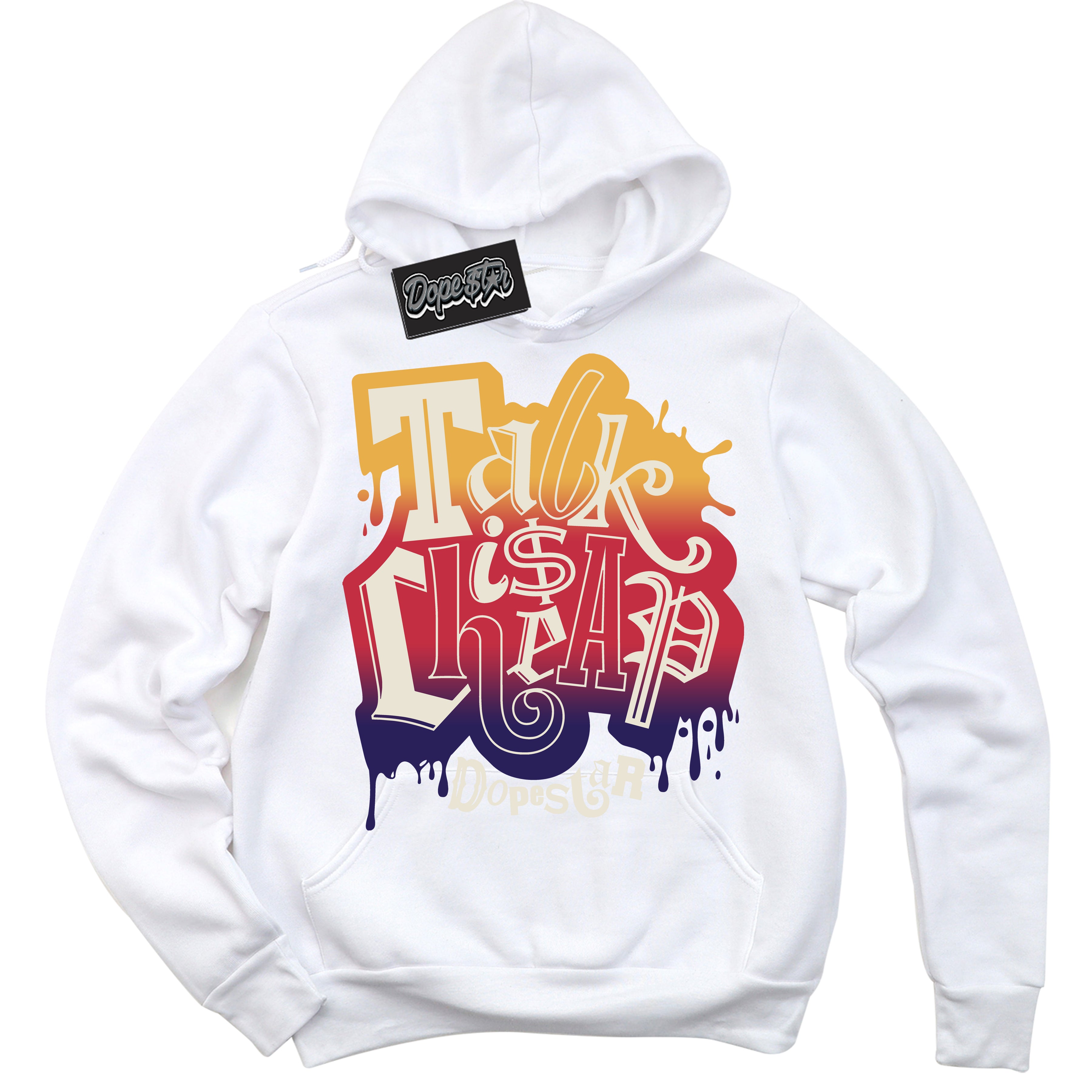 Cool White Hoodie with “ Talk Is Cheap ” design that Perfectly Matches J Balvin Sunset 3s Jordans.