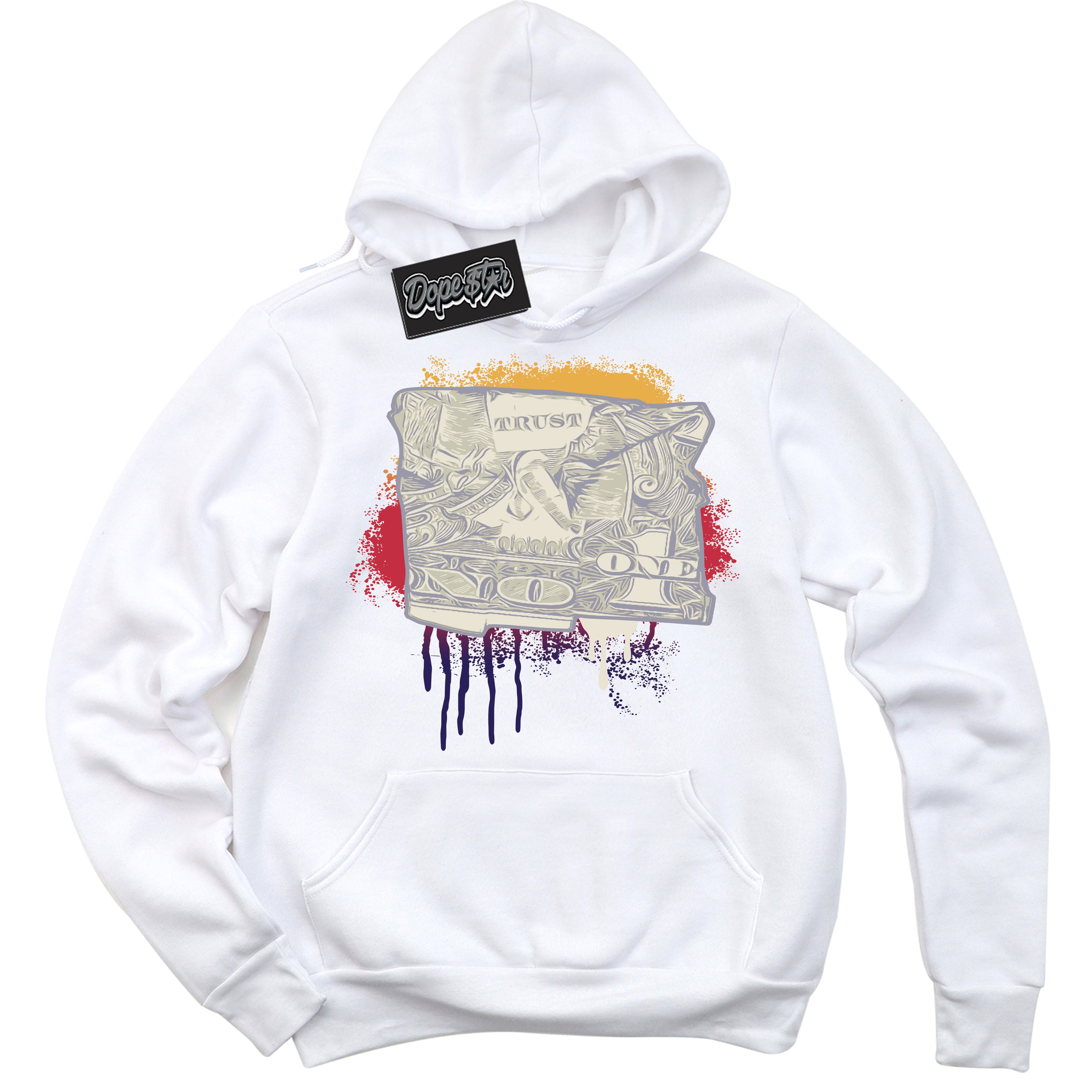Cool White Hoodie with “ Trust No One Dollar ” design that Perfectly Matches J Balvin Sunset 3s Jordans.