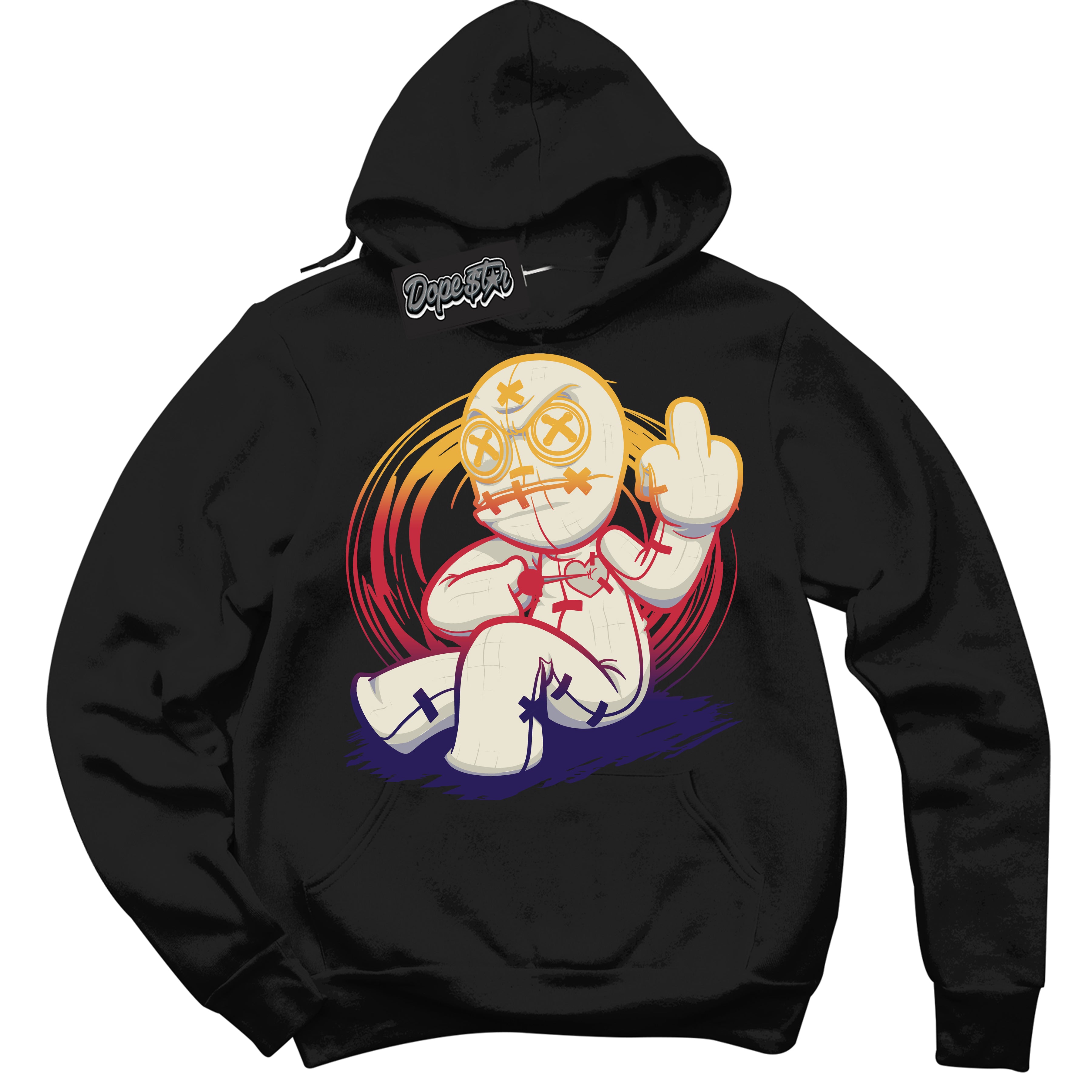 Cool Black Hoodie with “ VooDoo Doll ” design that Perfectly Matches J Balvin Sunset 3s Jordans.