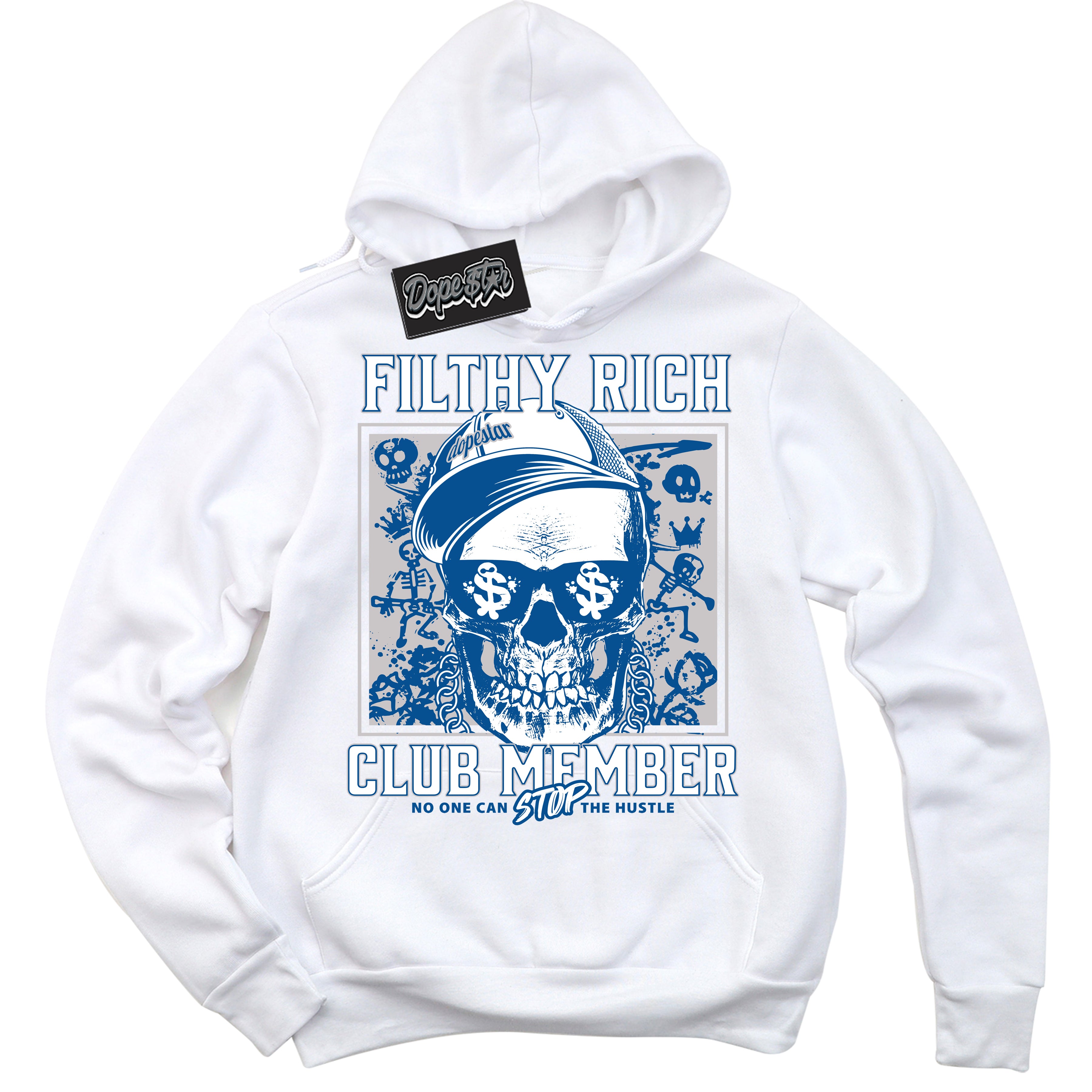Cool White Hoodie with “ Filthy Rich ” design that Perfectly Matches Military Blue 4s Sneakers.