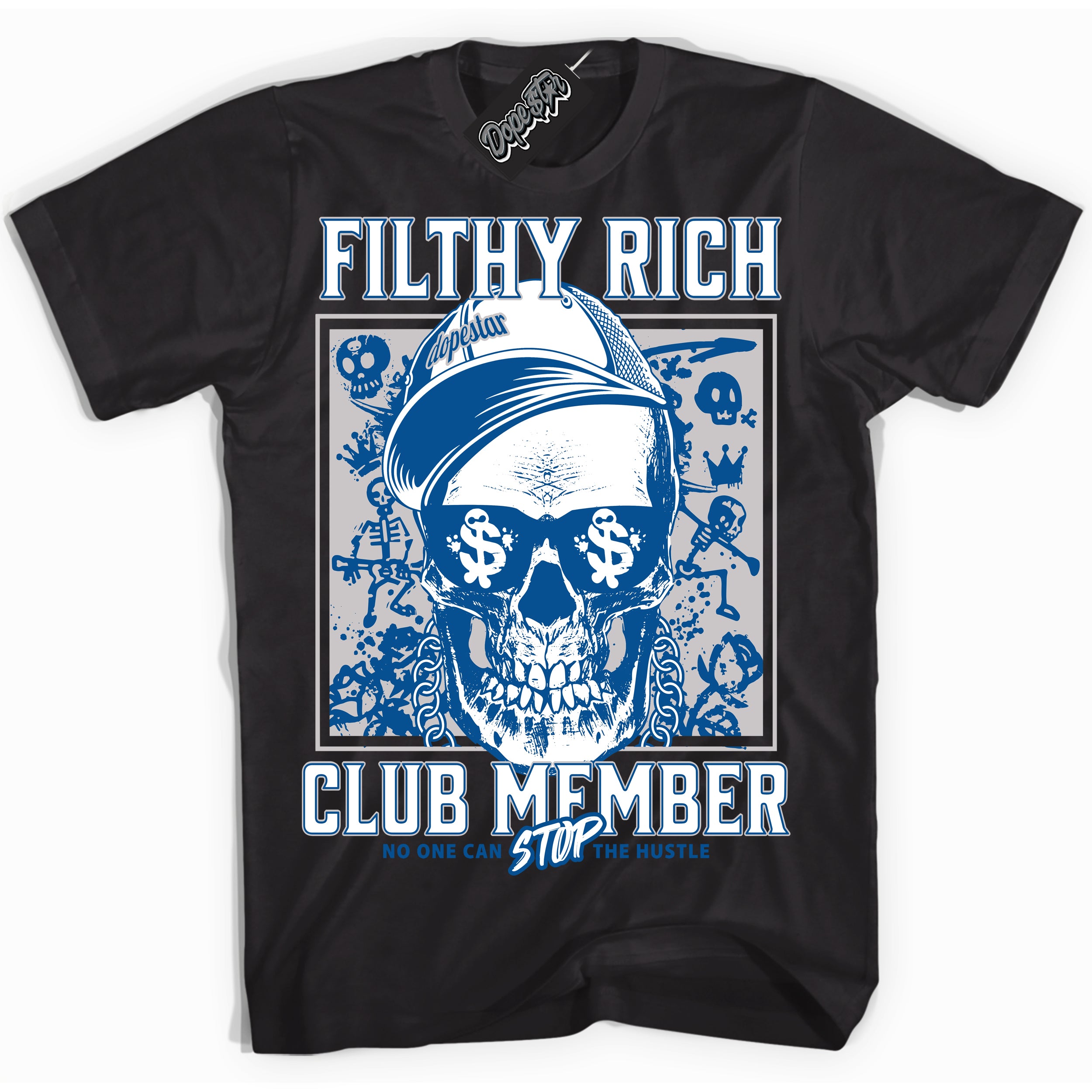 Cool Black Shirt with “ Filthy Rich” design that perfectly matches Military Blue 4s Sneakers.
