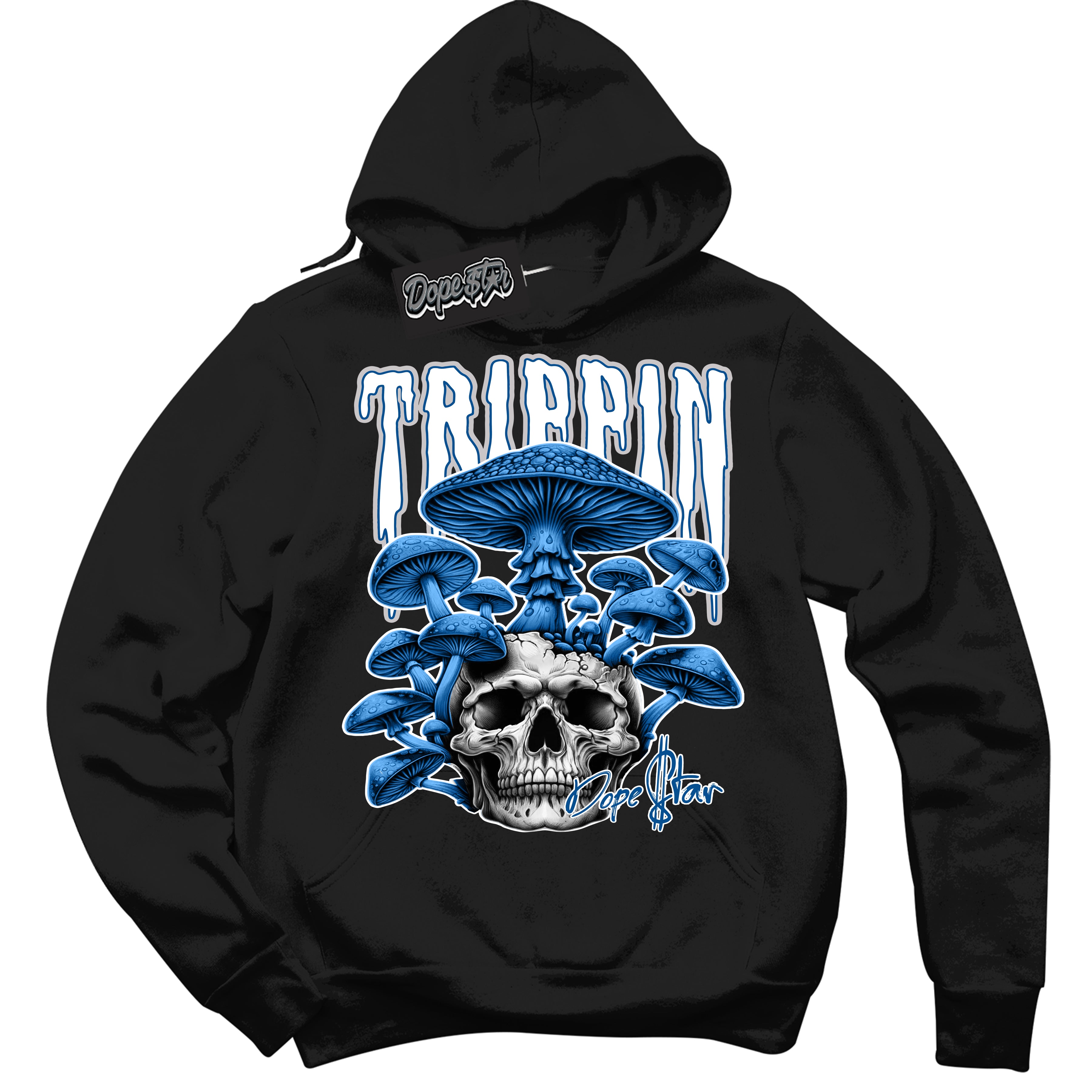 Cool Black Hoodie with “ Trippin” design that Perfectly Matches Military Blue 4s Sneakers.