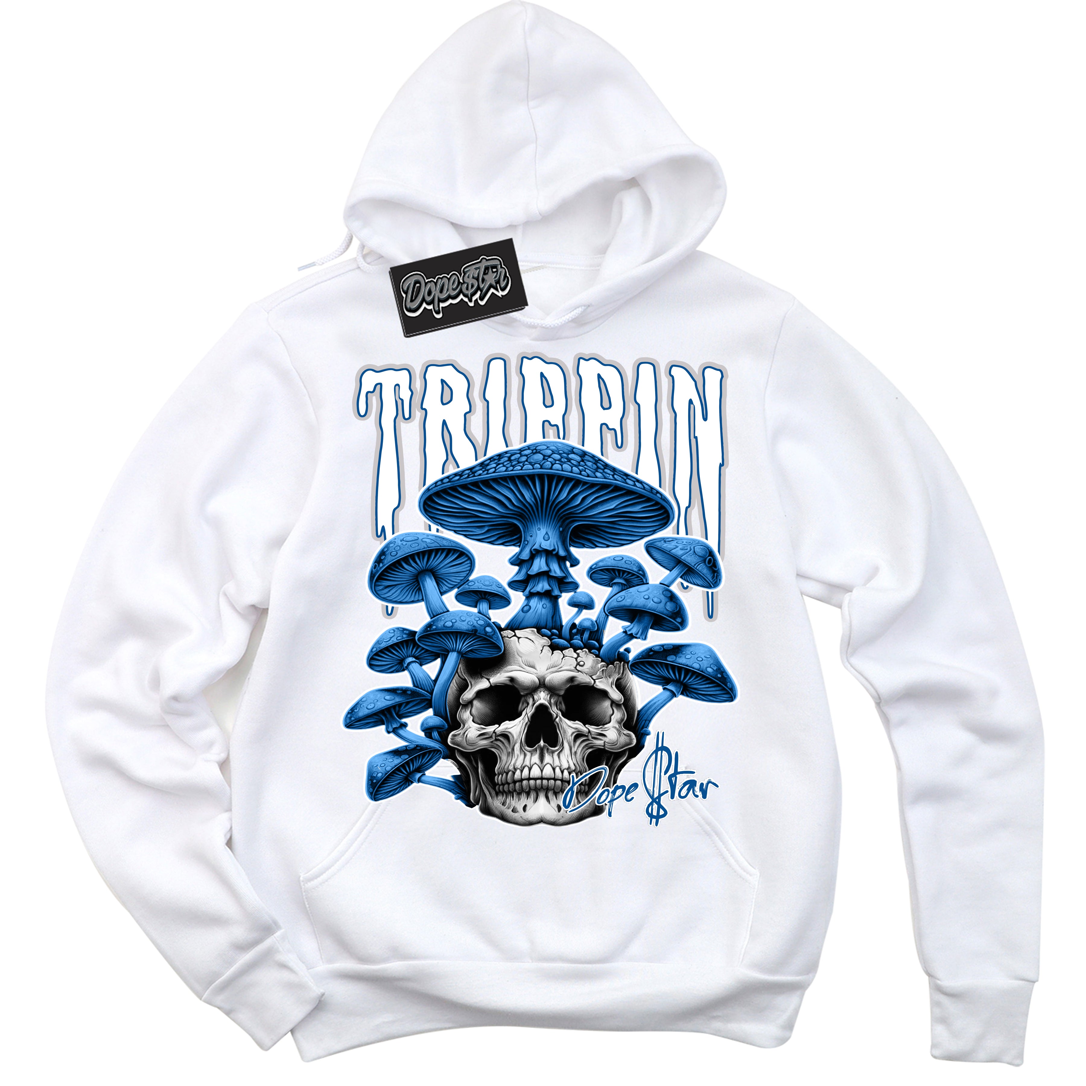 Cool White Hoodie with “ Trippin” design that Perfectly Matches Military Blue 4s Sneakers.