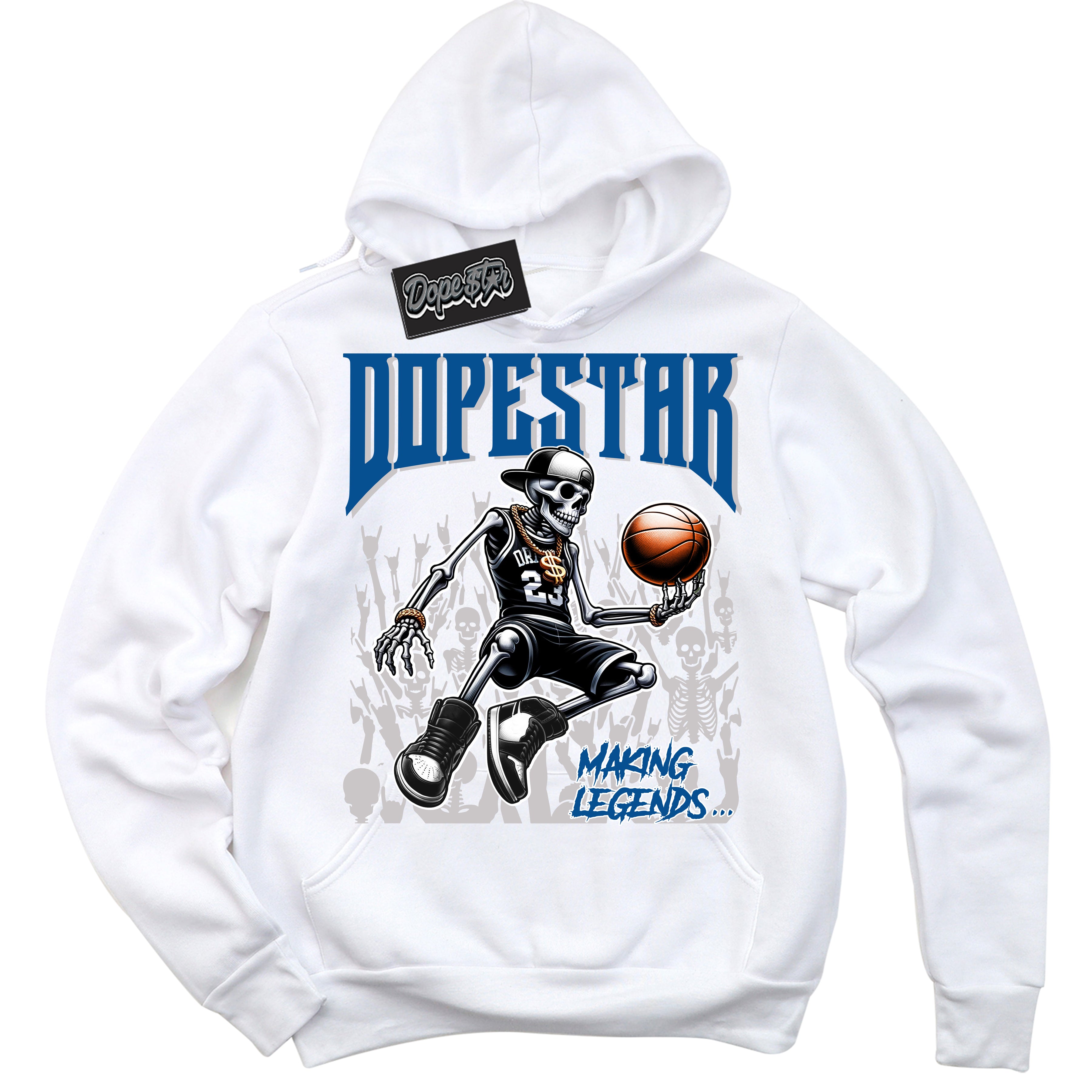 Cool White Hoodie with “ Making Legends ” design that Perfectly Matches Military Blue 4s Sneakers.